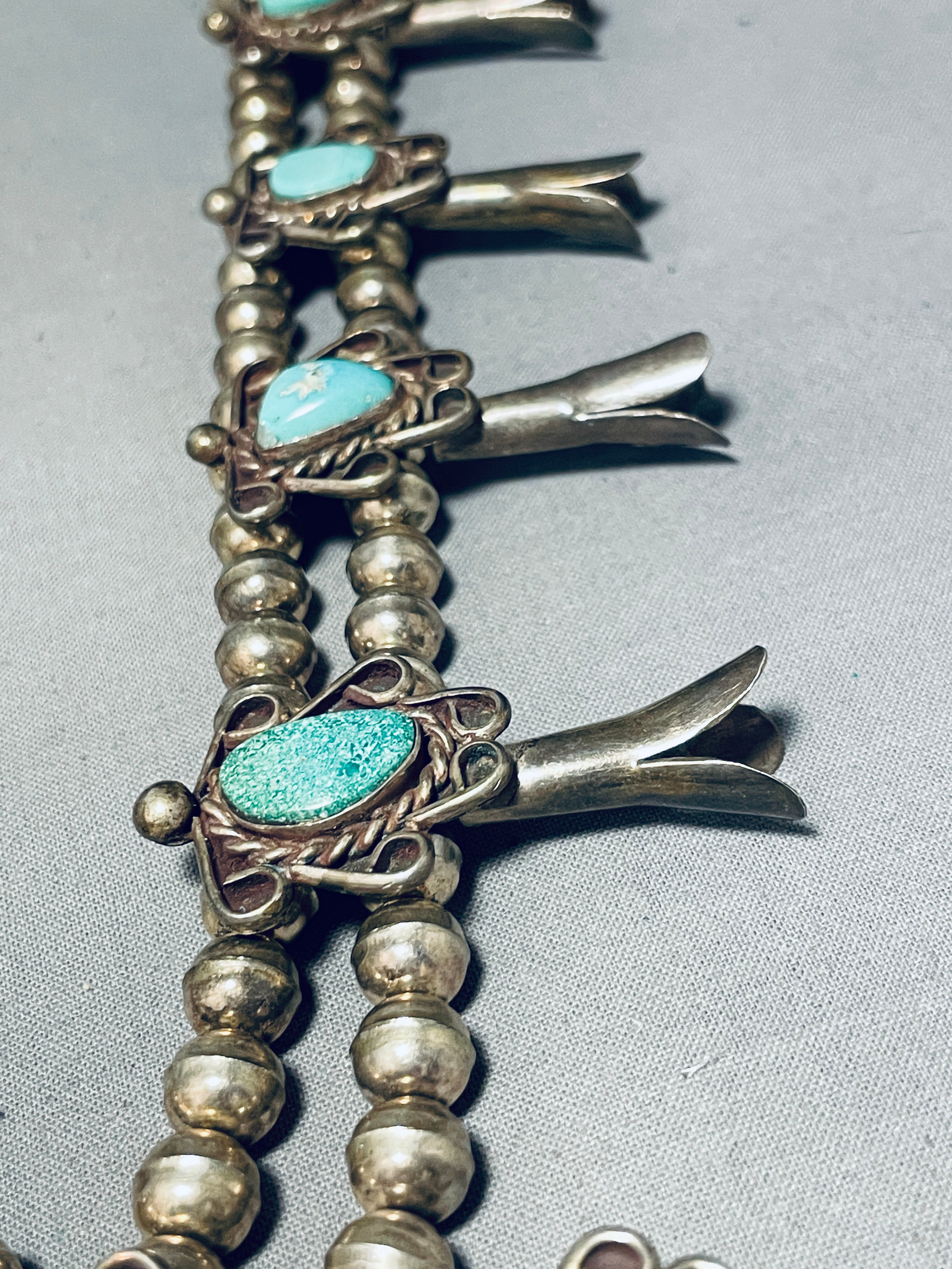 Vintage Navajo Turquoise Sterling Silver Squash Blossom Necklace - 267g Handmade Native American Jewelry for Women, Perfect for Boho Fashion & Special Occasions