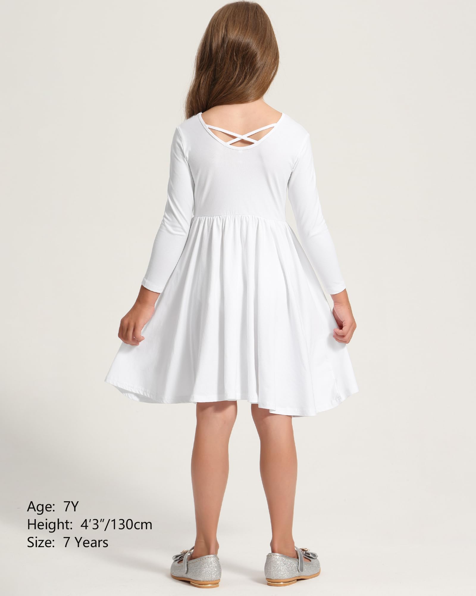 Stelle Girls Long Sleeve White Cotton Skater Dress - Twirl A-Line Toddler Dress for School, Casual Wear & Easter Outfits | Perfect for Playdates, Parties and Special Occasions