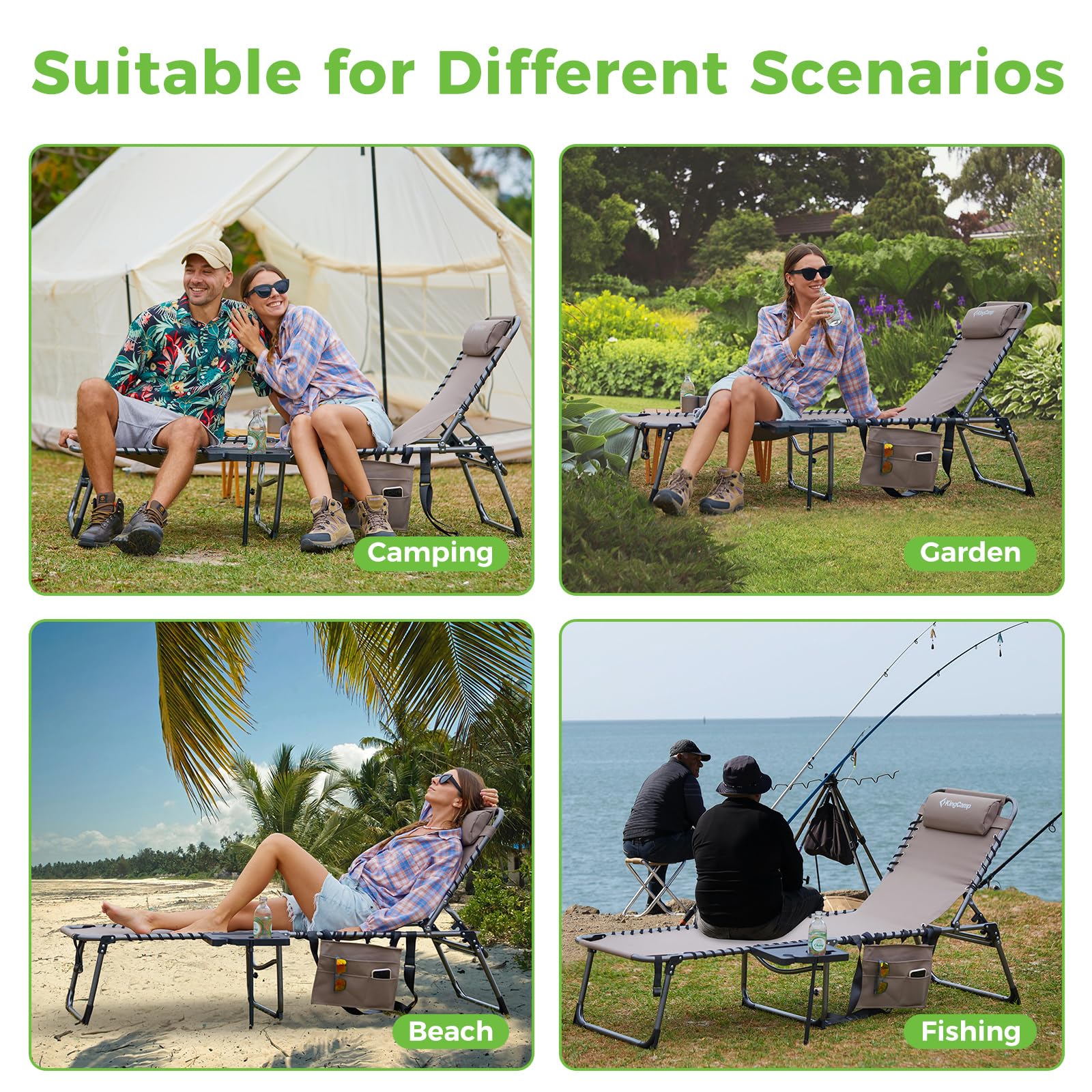 KingCamp Folding Chaise Lounge Chair - Portable Outdoor Recliner for Beach, Pool, Patio, Camping & Backyard Relaxation with Adjustable Backrest, Pillow & Side Table (Beige, 1 Pack) - Perfect for Sunbathing, Picnics, and Outdoor Lounging
