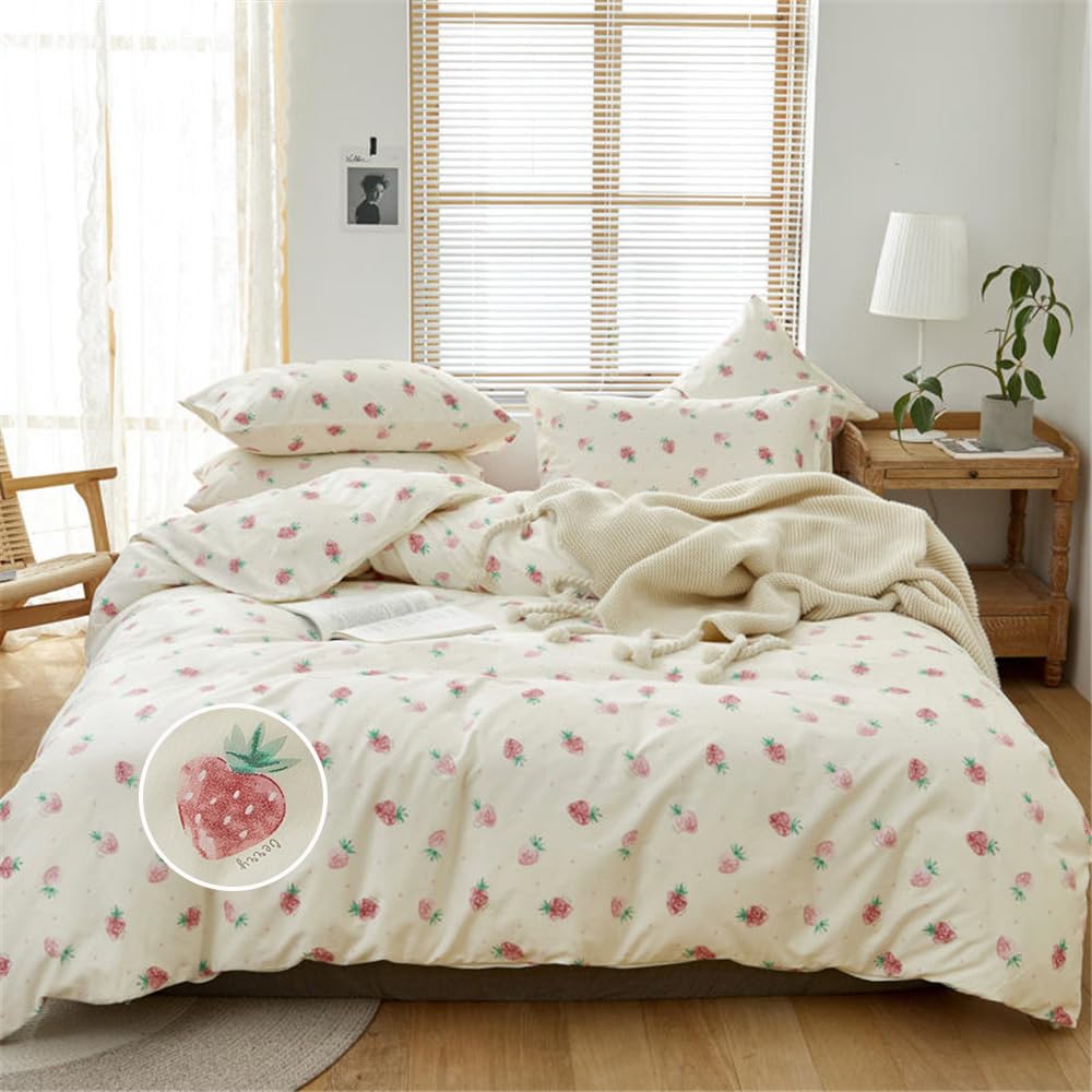 DREAMINGO Strawberry Duvet Cover Full Size - 100% Cotton Kawaii Bedding Set for Girls, Cute Comforter Cover with Zipper & Ties, Soft Lightweight Bed Set (DG01CMYH-F) - Perfect for Teen Bedrooms, Dorm Decor & Kawaii Aesthetic Room Makeover