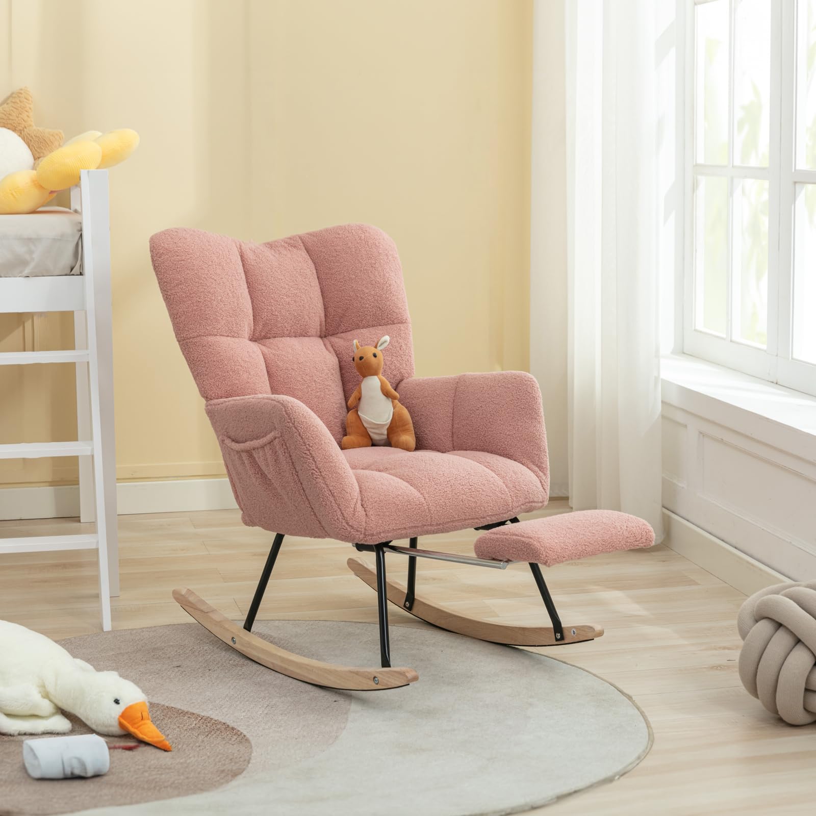 FOXHUNTER Nursery Rocking Chair - Adjustable Footrest Glider Recliner with High Back Support, Soft Teddy Upholstery, Pink Rocking Chair for Nursery, Bedroom & Reading | Perfect for Nursing, Relaxing & Storytime