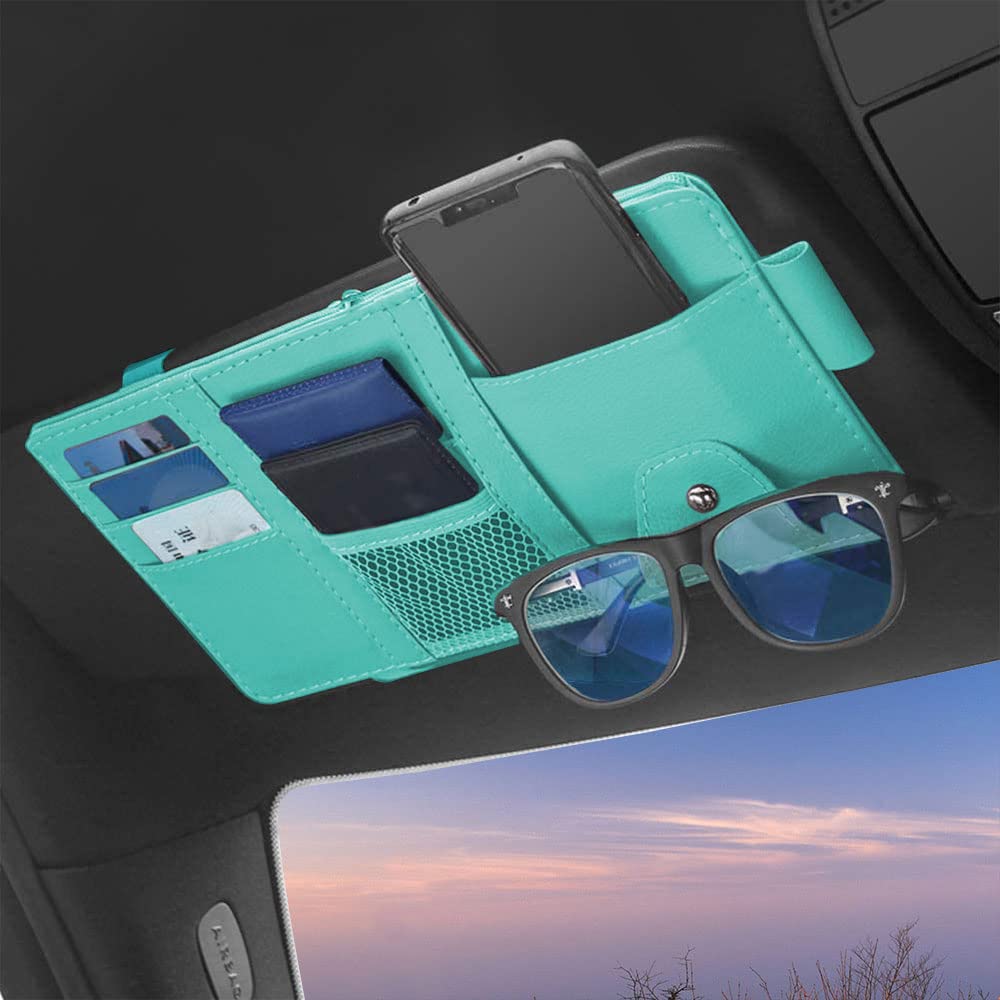 1 Pack Car Sun Visor Organizer - Sunglasses Holder & Auto Interior Accessory with Multiple Pockets for Glasses, Cards, Pens, Documents & Driver's License (Blue) | Perfect for Road Trips, Commuting & Daily Car Organization