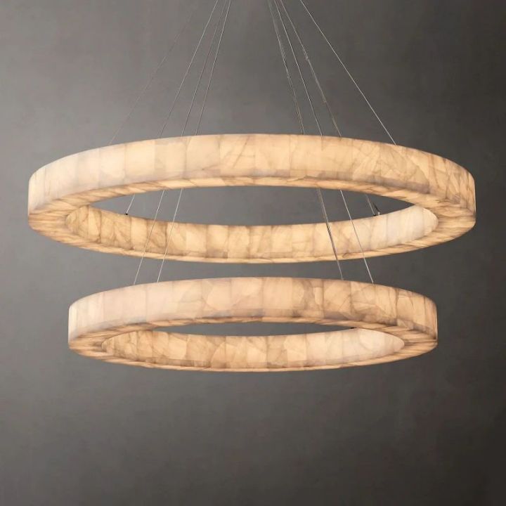 2-Tier Round Calcite Crystal Chandelier - 60 Inch Modern Ceiling Light Fixture for Dining Room, Living Room & Bedroom