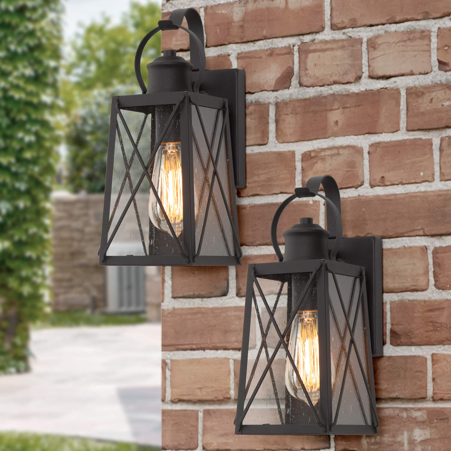 LNC Outdoor Wall Lights 2 Pack - X-Shape Seeded Glass Shade Matte Black E26 Socket Weatherproof Wall Sconce - Exterior Porch Lighting for House, Garage, Backyard, Patio & Garden (Perfect for Entryway, Deck & Pathway Illumination)