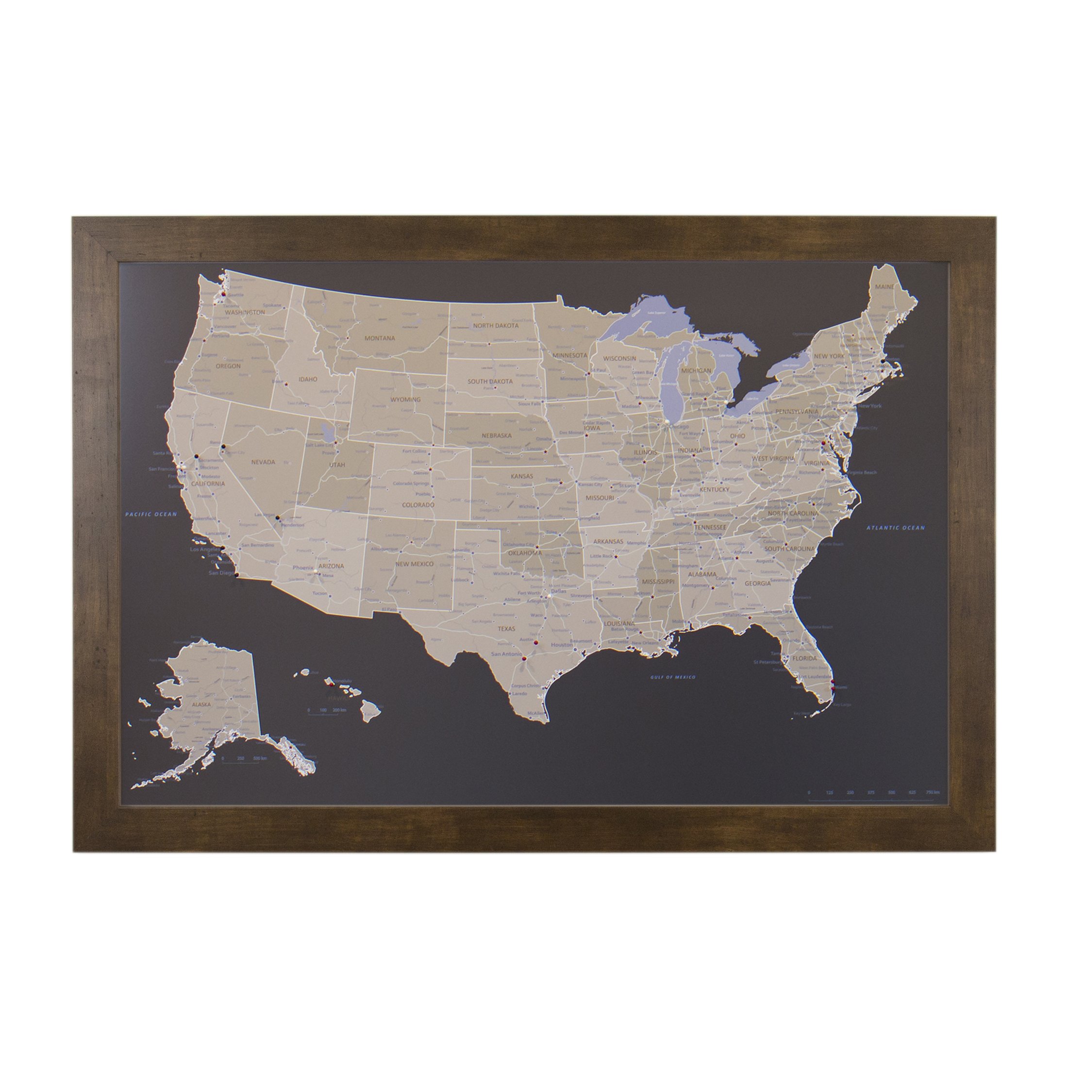 Custom Push Pin Travel Map - Rustic Brown Framed Wall Art with 150 Pins | Handmade in USA | 27.5