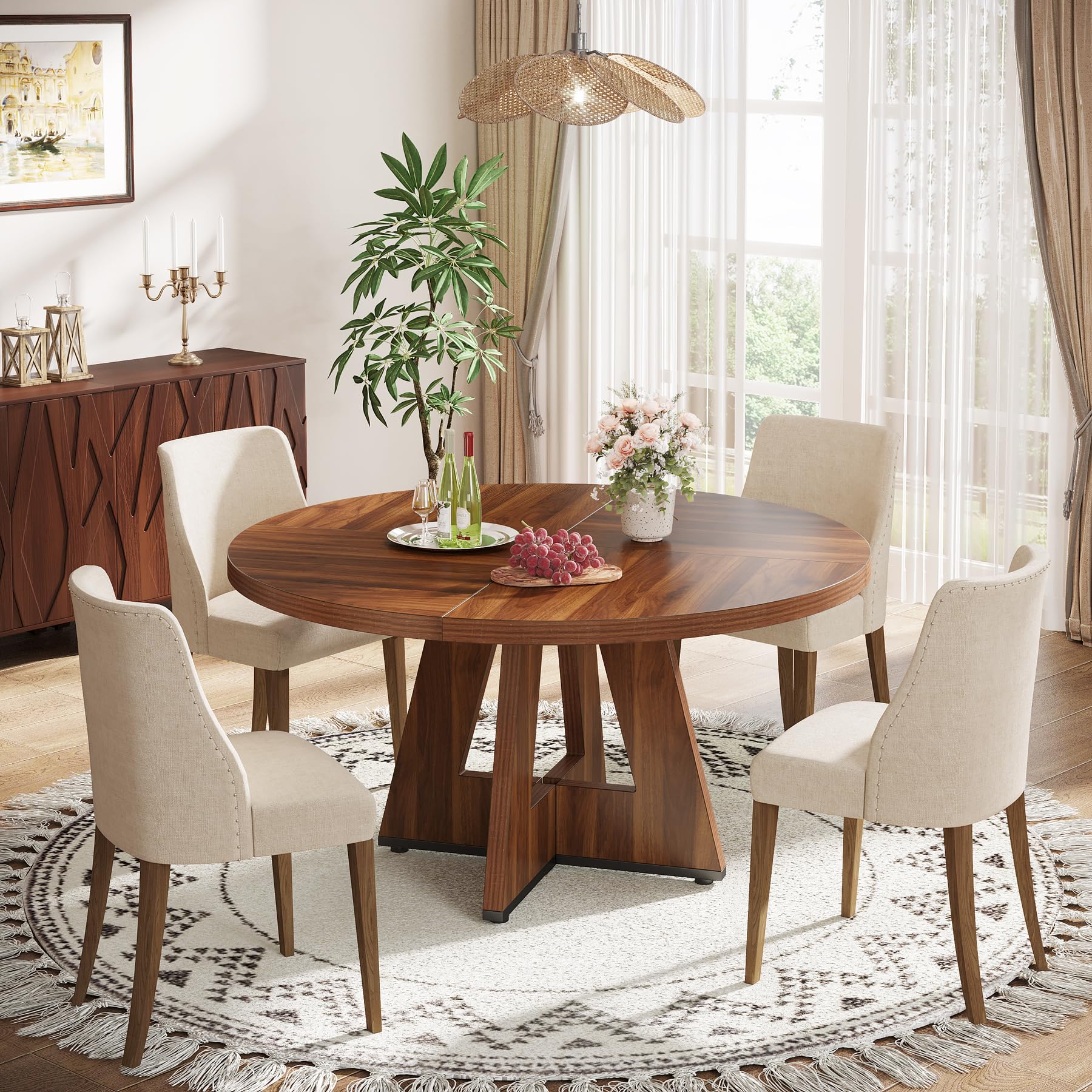 Tribesigns 47 Inch Round Farmhouse Dining Table - Solid Wood Kitchen Table for 4, Rustic Brown Round Dinner Table for Dining Room & Living Room | Perfect for Family Meals, Entertaining Guests & Small Space Dining