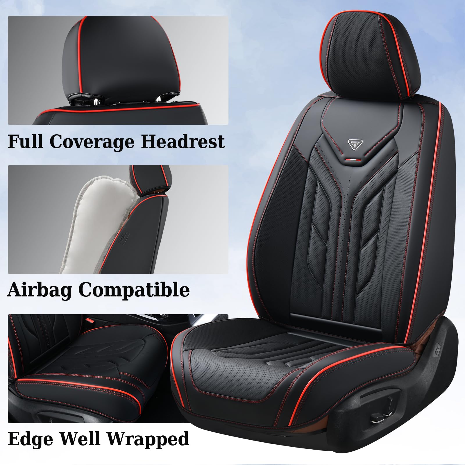 Leather Car Seat Covers 2PCS - Front Seat Protectors for Sedans & SUVs - Black & Red - Perfect for Daily Commute & Road Trips