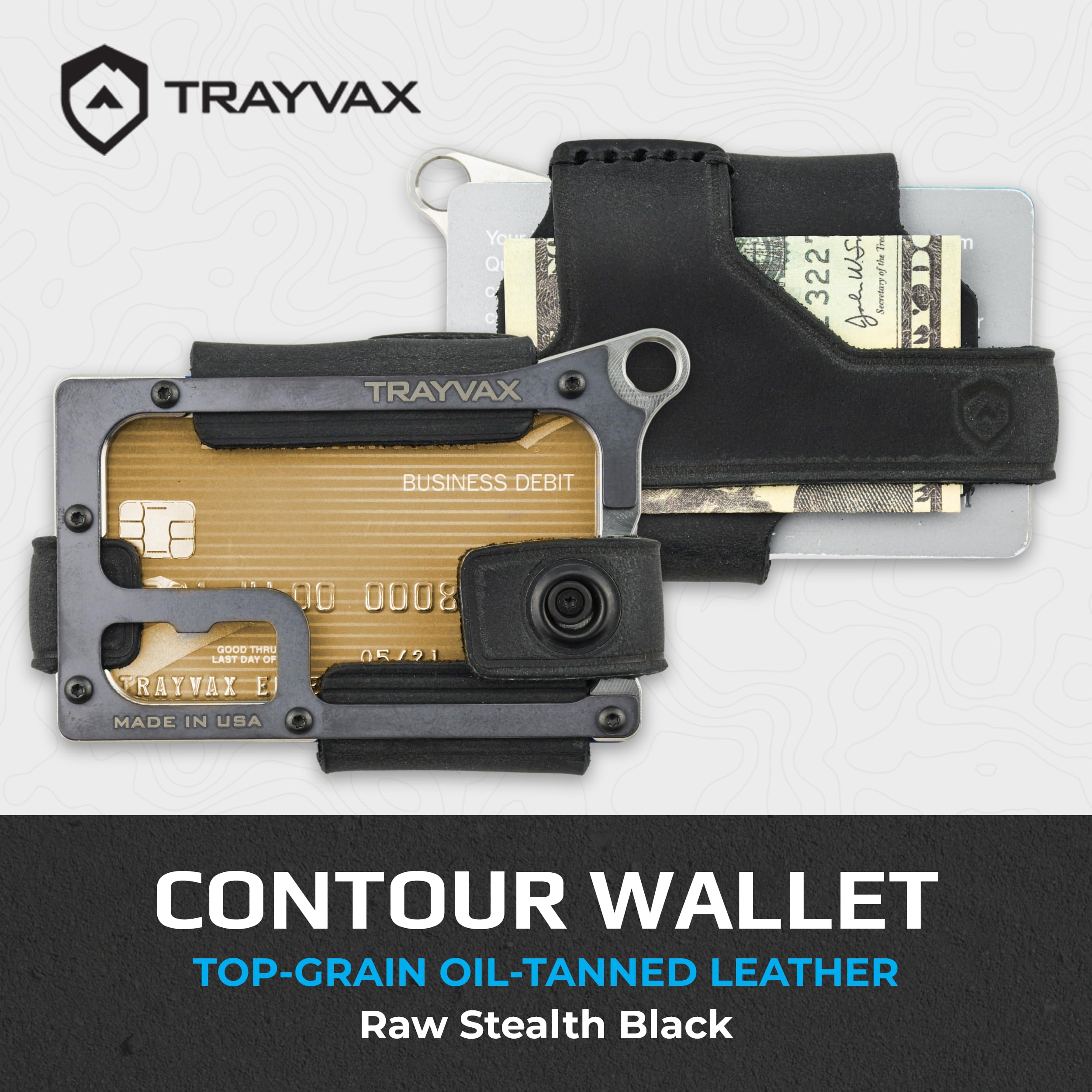 Trayvax Contour RFID Blocking Front Pocket Wallet - Slim Minimalist Leather & Metal Money Credit Card Holder for Men & Women - Raw Stealth Black - Perfect for Travel, Everyday Carry & Secure Storage