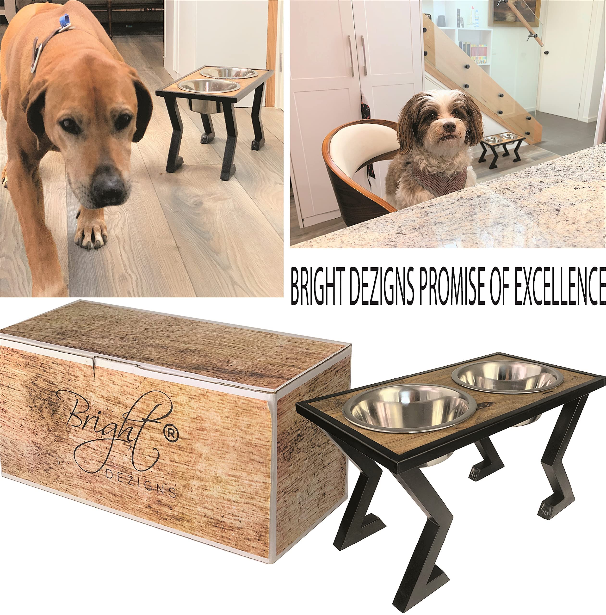Elevated Dog Bowls for Large & Medium Dogs - 2 Stainless Steel Pet Food & Water Bowls with Mango Wood Top on Sturdy Black Metal Stand - Perfect for Dining Areas, Kitchens & Pet Feeding Stations