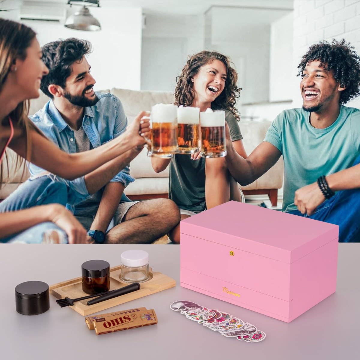Premium Bamboo Stash Box with Lock - Smell Proof Storage Container with Rolling Tray, Glass Jar & Grid - Decorative Organizer for Herbs, Jewelry & Valuables - Perfect for Home, Travel & Discreet Storage (Pink)