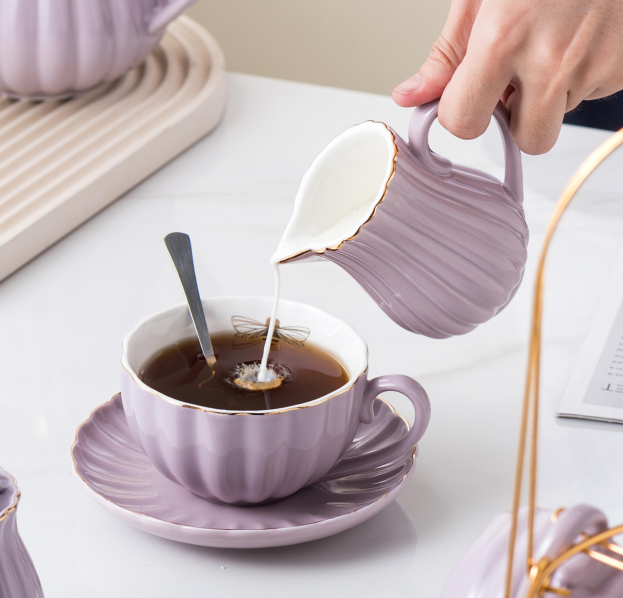 8 OZ Fine China Purple Coffee Cup & Teacup Set with Saucers - 17-Piece Tea Service for 4 Includes Teapot, Sugar Bowl, Cream Pitcher & Accessories - Elegant Purple Tea Party Set for Afternoon Tea, Bridal Shower & Home Decor