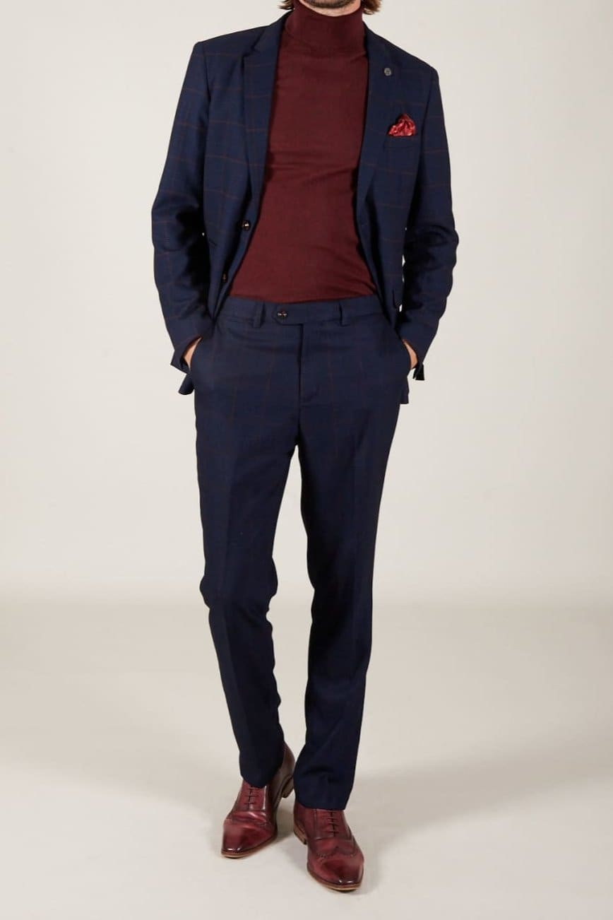 Marc Darcy Edinson Navy Check Trousers for Men - Classic Slim Fit Formal Pants for Office, Business & Wedding Occasions