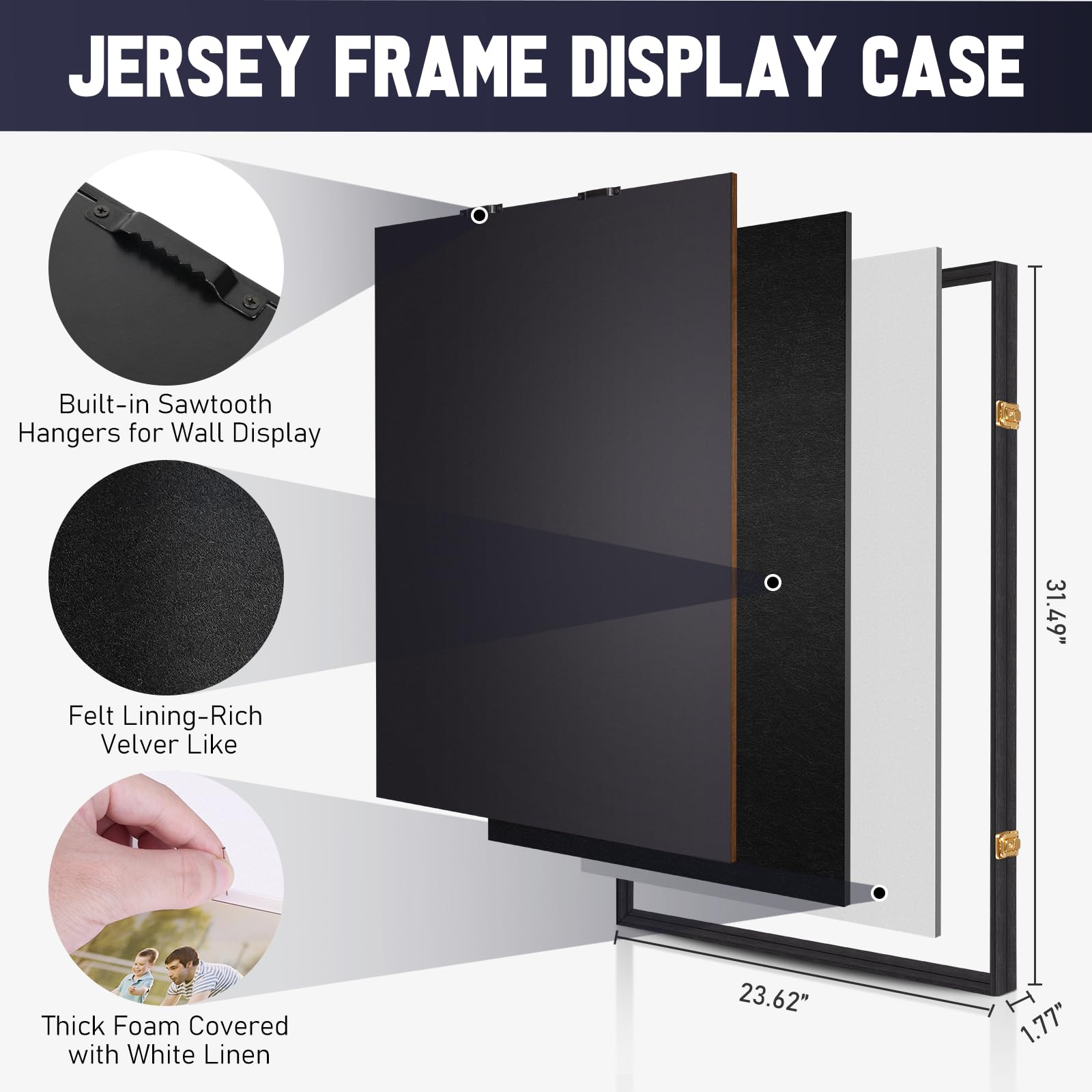 2 Pack Large Jersey Frame Display Case with Lockable UV Protection Acrylic - Baseball Football Soccer Hockey Basketball Jersey Shadow Box for Sports Shirts & Uniforms (Includes 2 Hangers, Black) - Perfect for Memorabilia Display in Home, Office or Man Cave