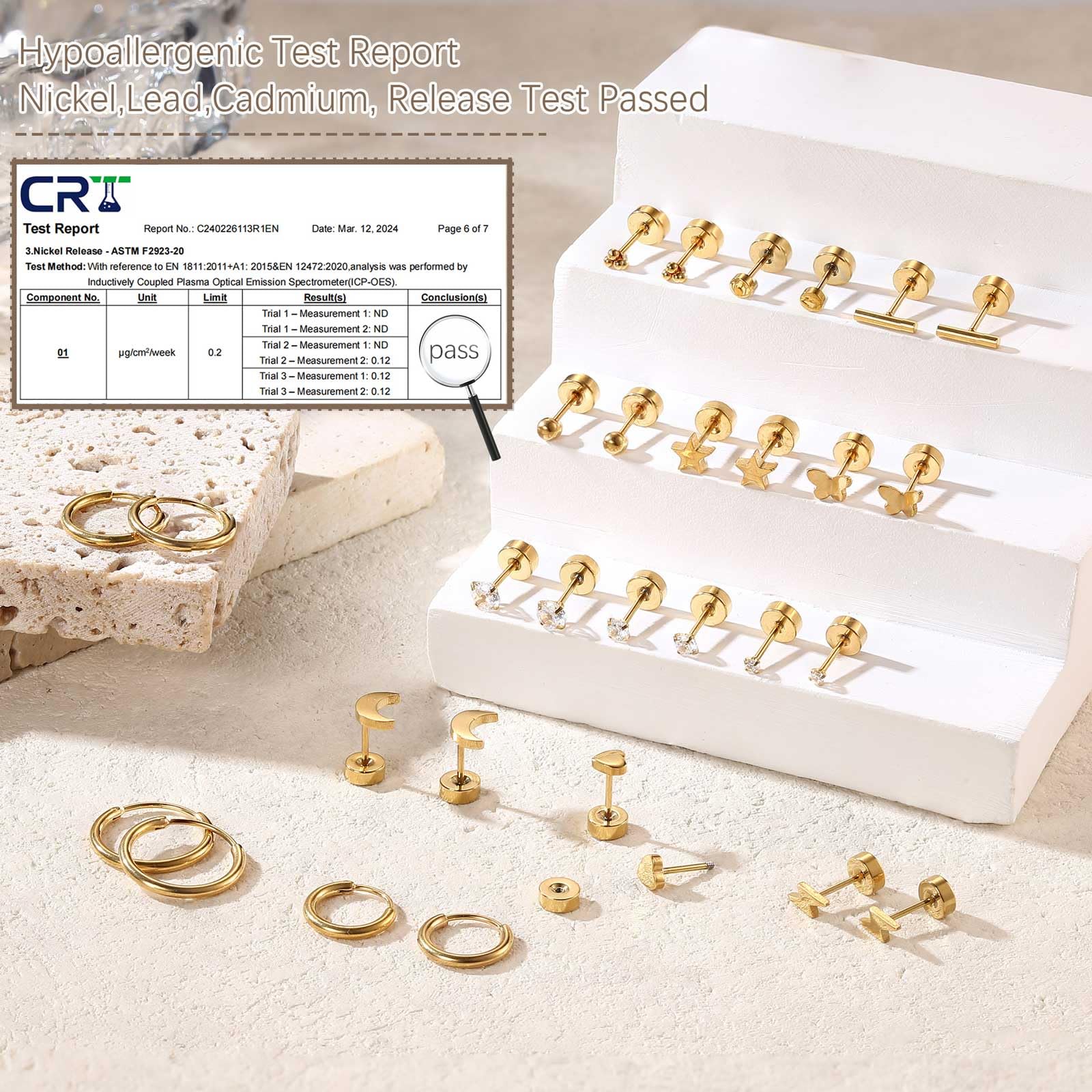 Hypoallergenic 14K Gold Plated Surgical Steel Earrings for Sensitive Ears - Flat Back Stud & Hoop Earring Set for Women & Men - Perfect for Cartilage, Helix, Lobe Piercings - Ideal for Daily Wear, Gifts & Special Occasions