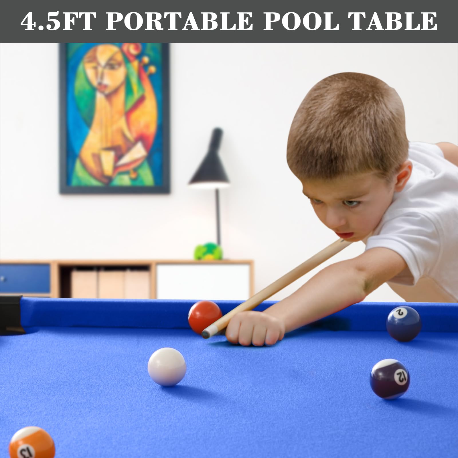 4.5Ft Portable Pool Table for Kids & Adults - Mini Billiards Game Set with 2 Cue Sticks, Balls, Triangle, Chalk & Brush - Perfect for Family Game Nights, Home Bars, and Gym Room Entertainment