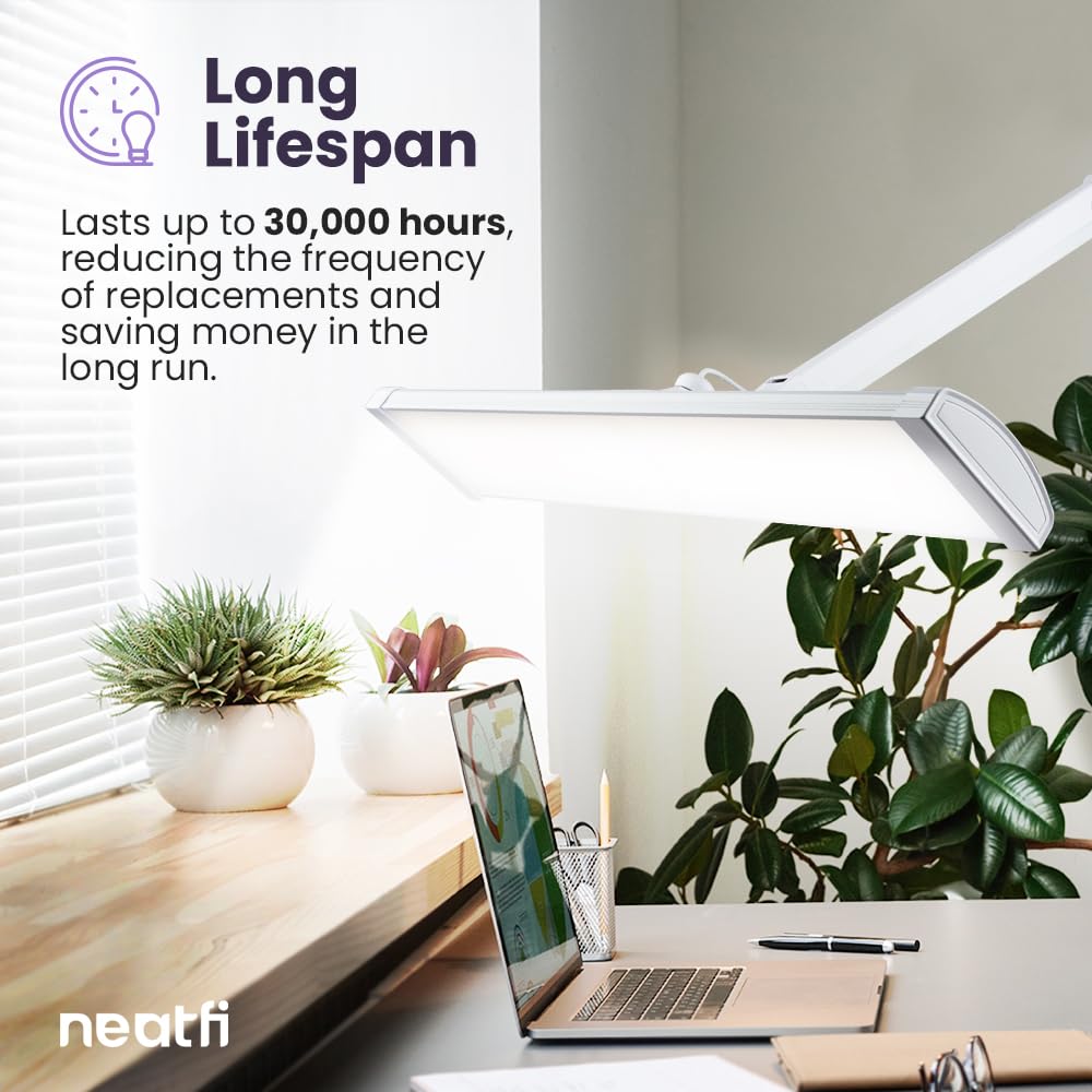 Neatfi 3,500 Lumens Ultra Bright LED Desk Lamp - 26 Inch Adjustable Dimmable Task Light with 270 SMD LEDs, 45W Energy Efficient Office & Home Lighting (White, Non-CCT with Base) - Perfect for Reading, Studying, Working & Crafting