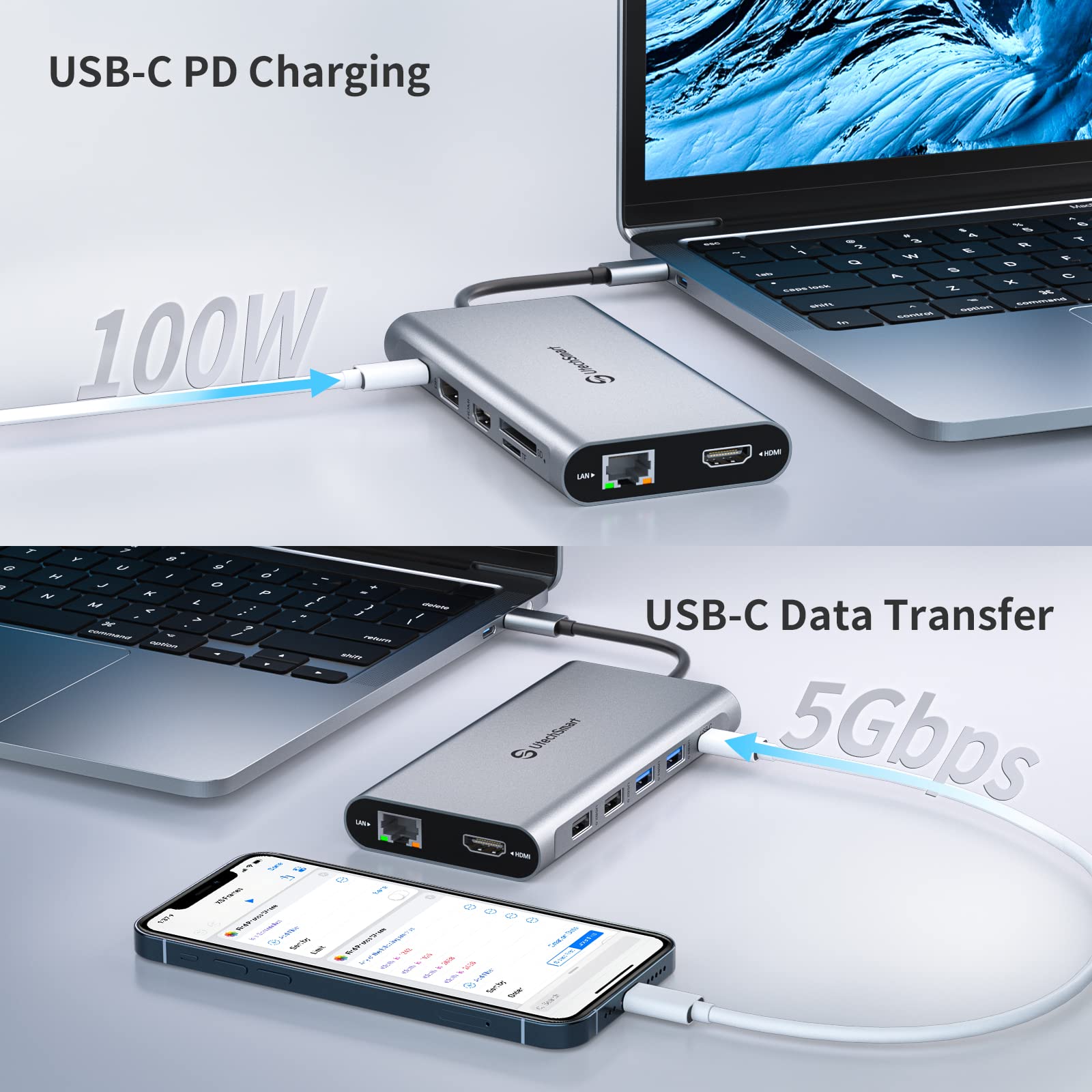 UtechSmart 12-in-1 USB C Docking Station with Triple Display (2x 4K@60Hz HDMI & DisplayPort), 100W PD Charging, 4 USB Ports, Ethernet, SD/TF Card Reader - Compatible with MacBook, Dell, HP, Lenovo, Huawei - Perfect for Home Office, Gaming & Multi-Tasking