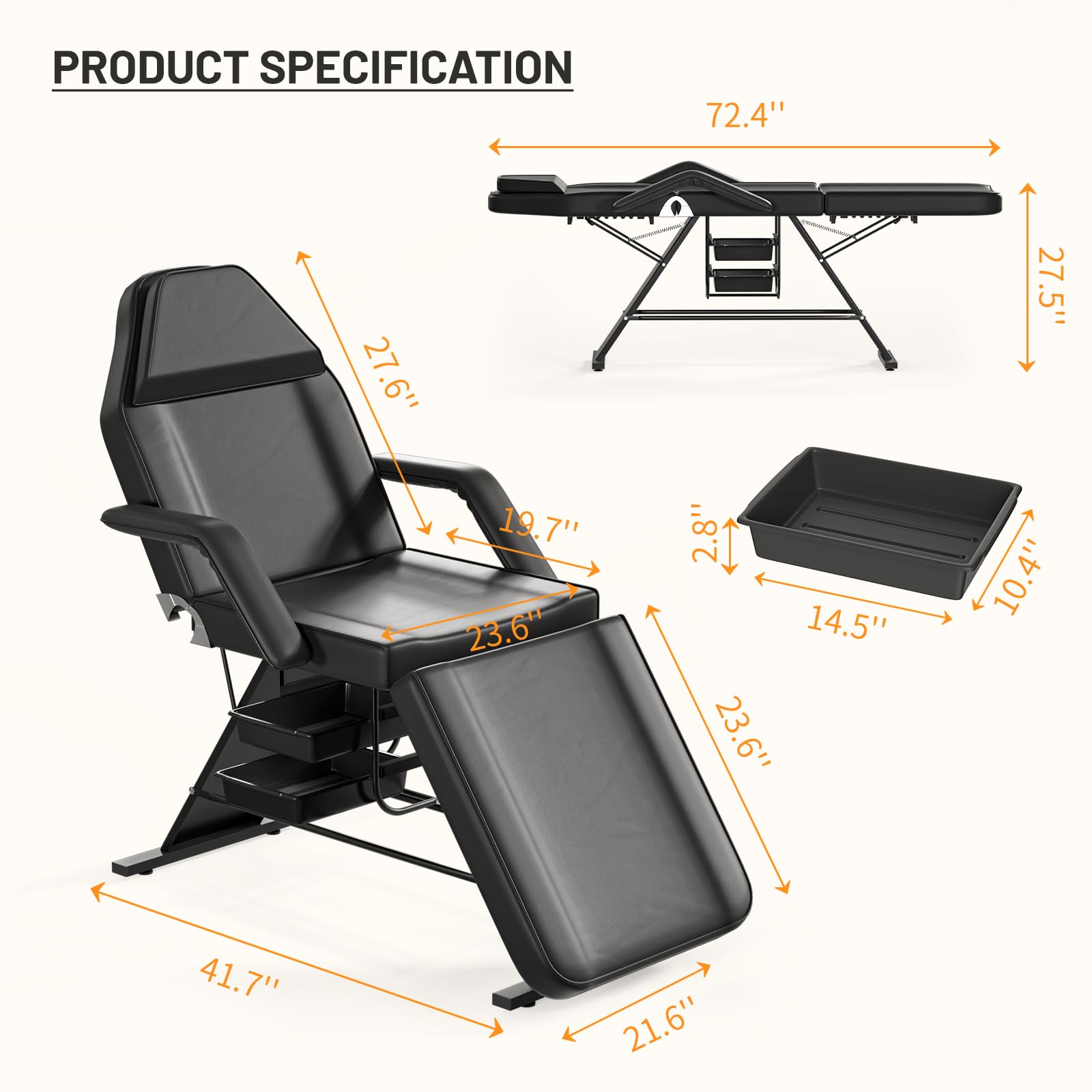 Professional Esthetician Bed & Tattoo Chair - Heavy Duty 440 lbs Capacity Facial, Lash & Spa Treatment Chair with 2 Storage Racks | Multi-Purpose Beauty Salon Furniture for Tattoo Artists, Estheticians & Cosmetologists | Perfect for Tattoo Studios, Beauty Salons & Spa Centers (Black, 10