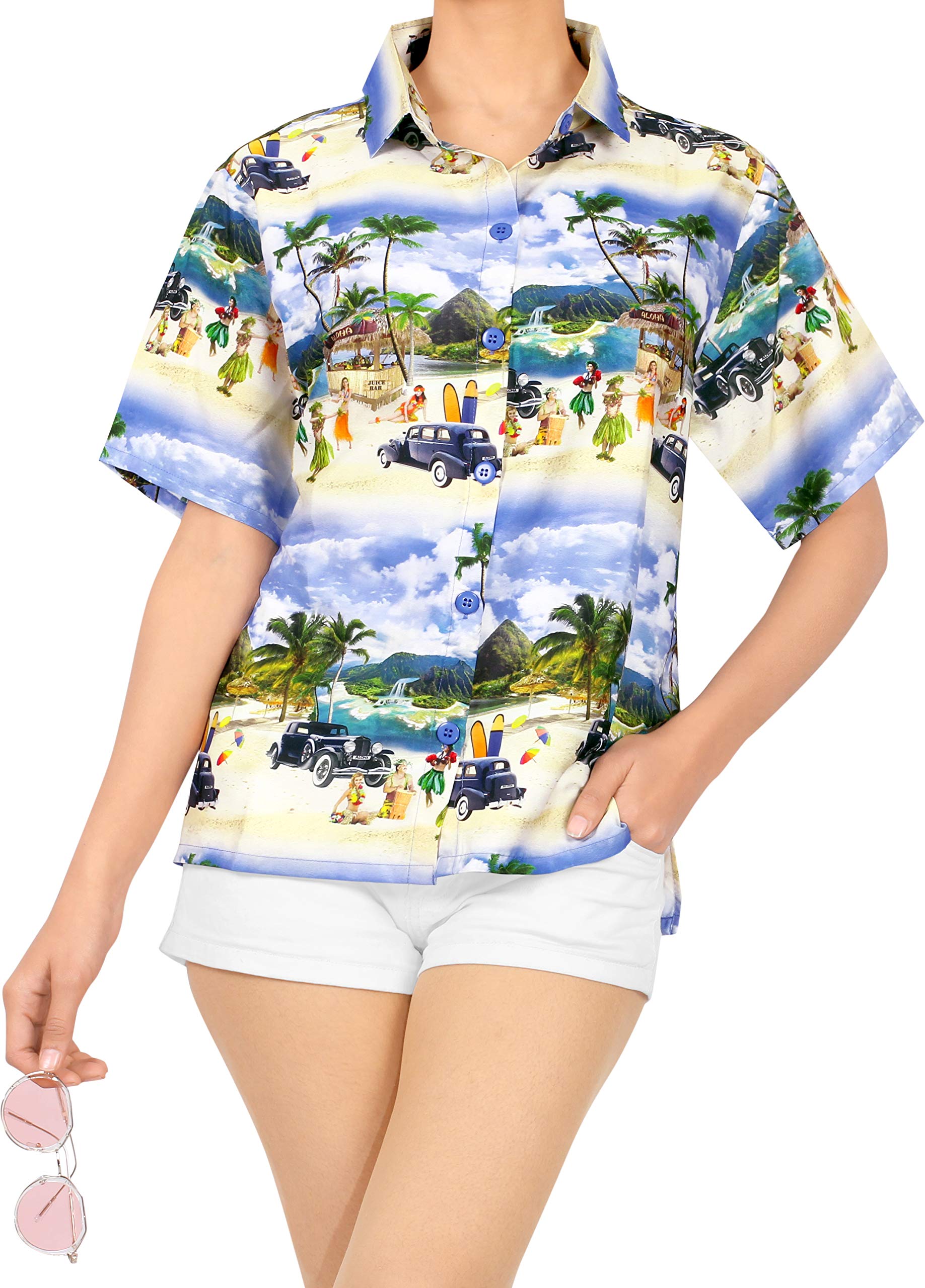 Happy Bay Women's Short Sleeve Hawaiian Shirt - Tropical Floral Print Beach Blouse for Summer Vacation, Pool Party & Casual Outfit