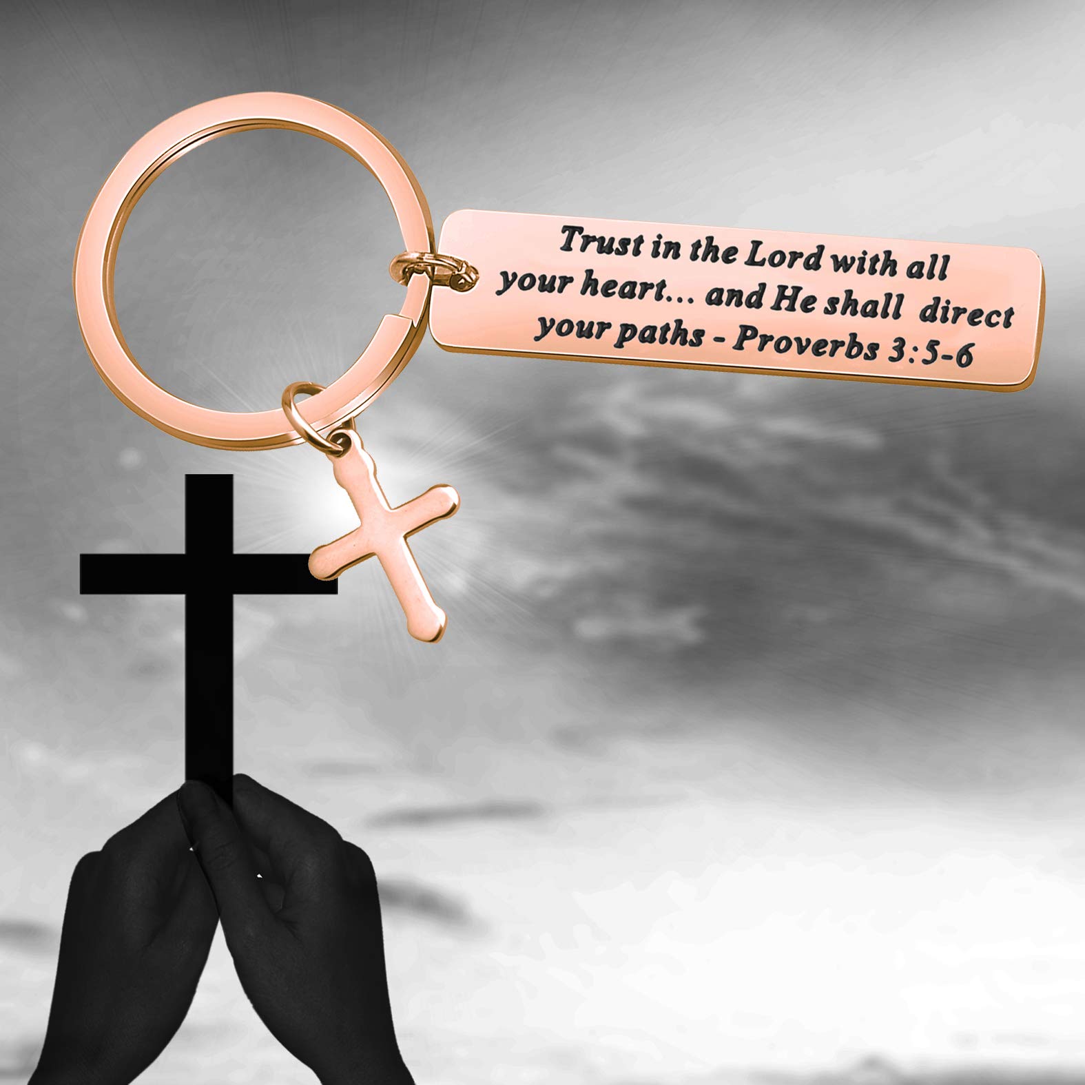 BEKECH Christian Keychain - Trust in The Lord Proverbs 3:5-6 Bible Verse Cross Charm, Religious Jewelry Gift for Baptism, Confirmation & Daily Inspiration (Ideal for Church Events & Spiritual Encouragement)