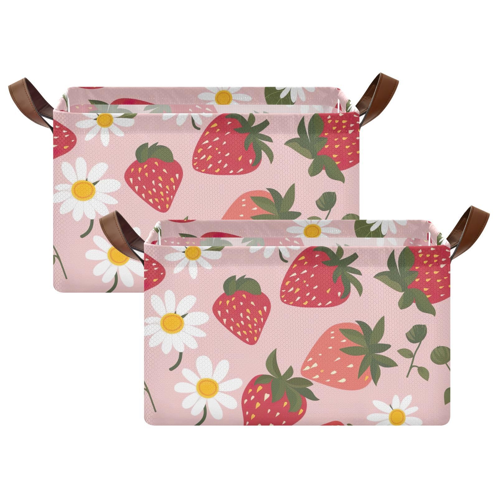 Foldable Storage Bins with Handles - 2 Pack Strawberry Flower Pattern Shelves & Cubes Baskets (16.9