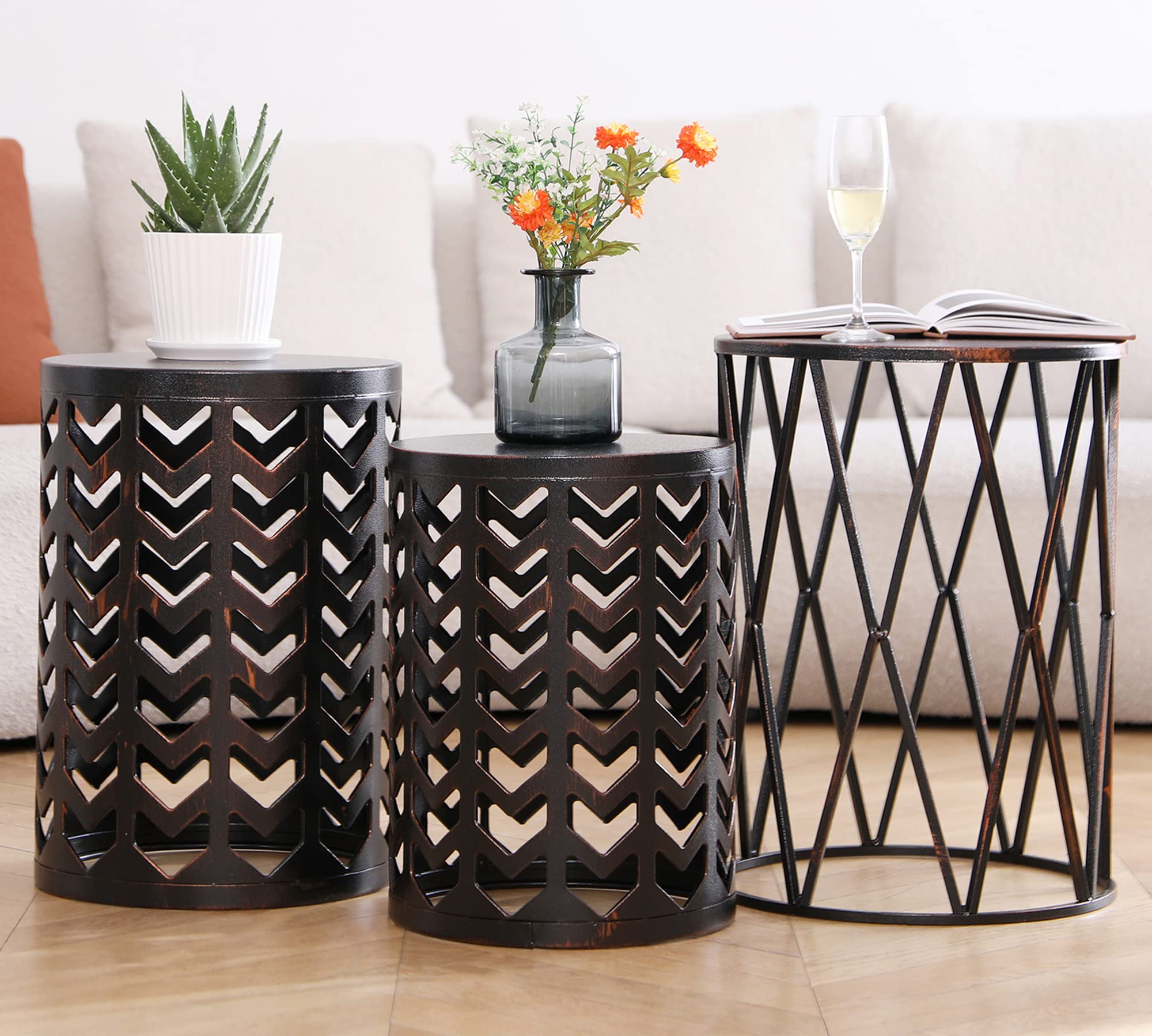 HFHOME Set of 3 Metal Side Tables - Round Nesting Coffee Tables, Nightstands & Plant Stands for Indoor/Outdoor Use - Black & Bronze Finish (US Shipping) | Perfect for Living Room, Bedroom, Patio & Garden Decor