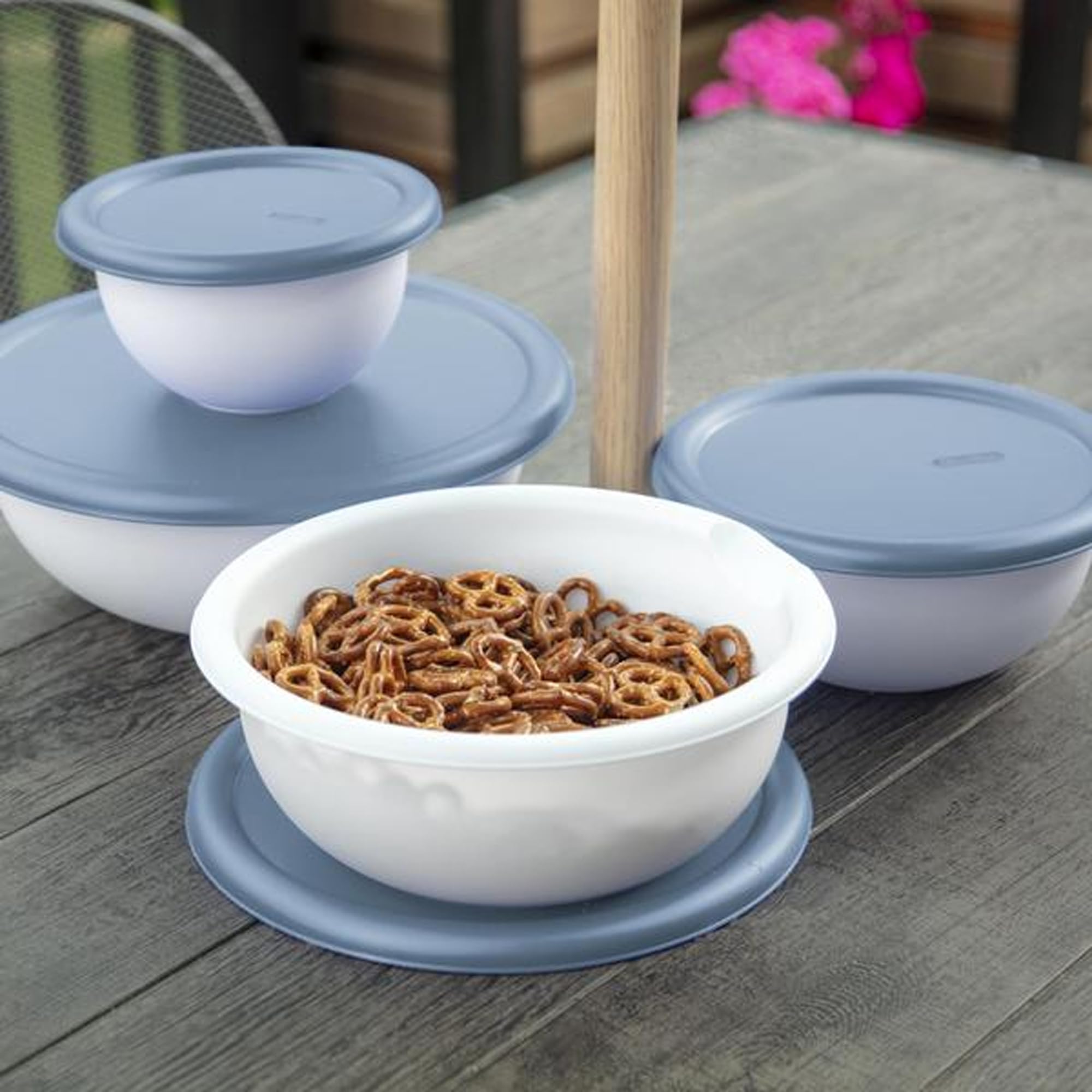 Sterilite 6-Piece Plastic Nesting Mixing Bowls with Lids & Pour Spouts - BPA-Free Food Storage Containers for Meal Prep, Baking & Kitchen Organization (Washed Blue) - Perfect for Cooking, Serving & Leftovers Storage