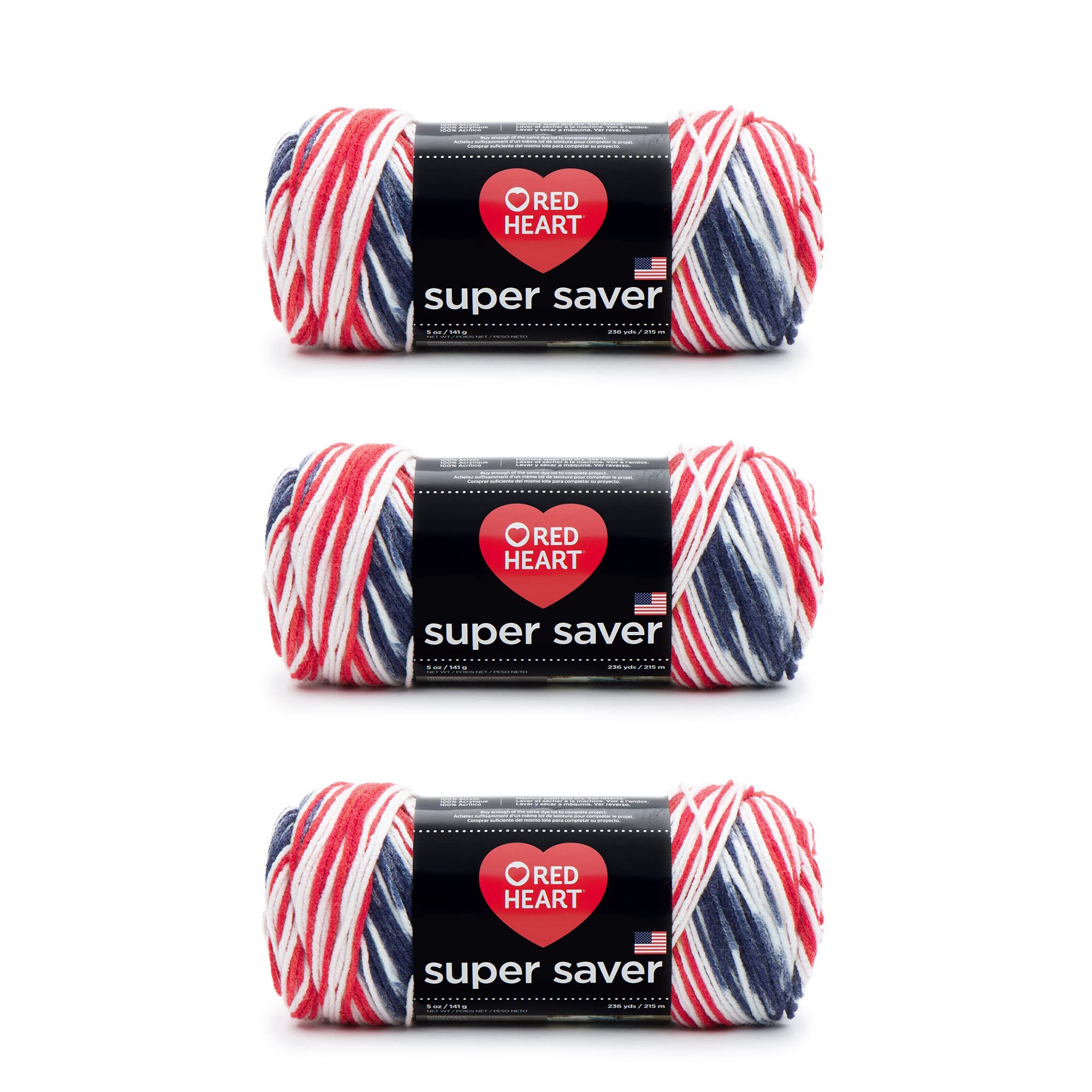 Red Heart Super Saver Yarn 3-Pack - Americana Colors (3 Count) | Soft Acrylic Yarn for Knitting, Crocheting & DIY Crafts