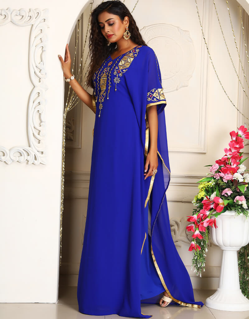 Exquisite Arabic Blue Georgette Farasha with Stone Embroidery - Perfect for Weddings, Parties & Special Occasions