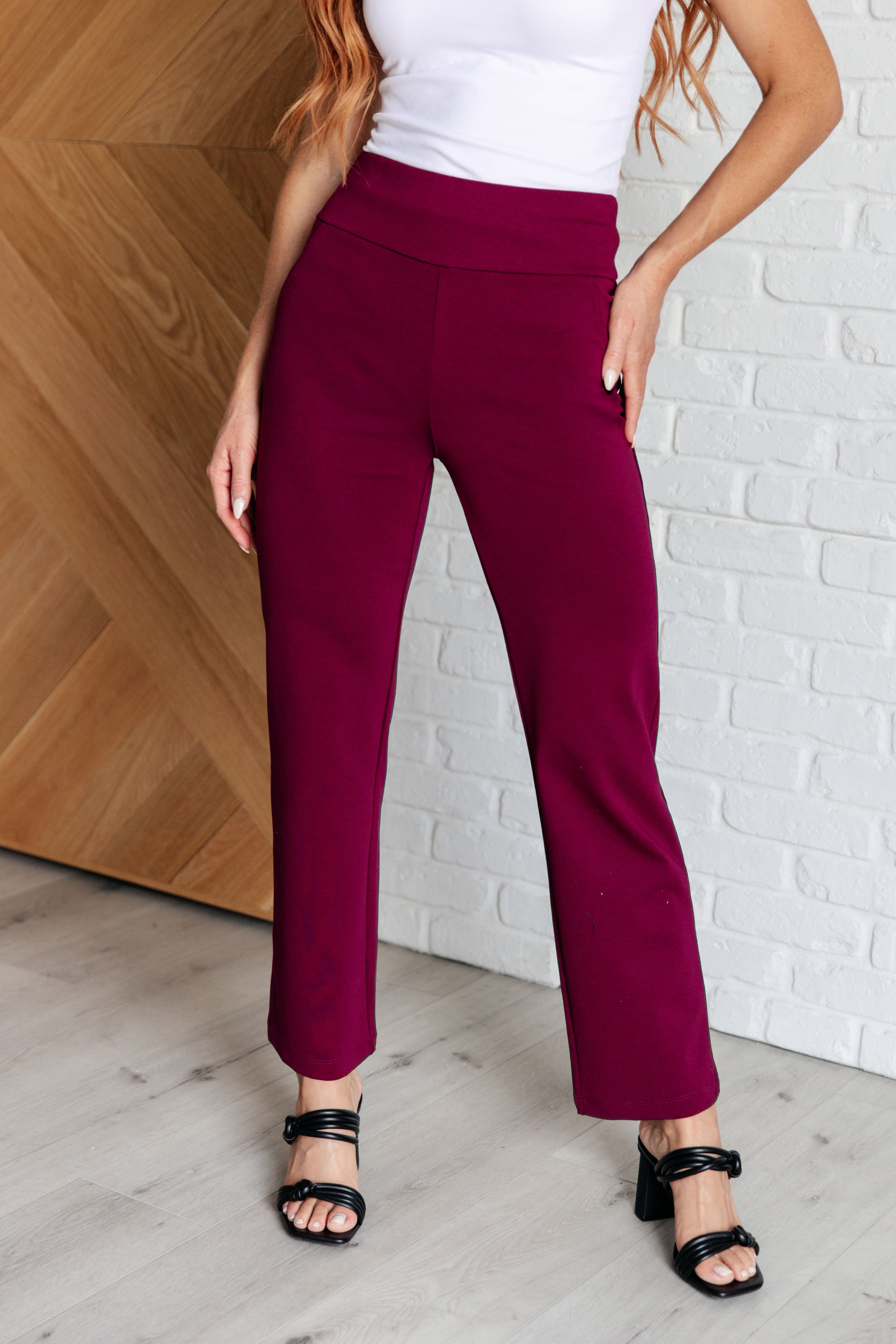 Magic Straight Leg Pants for Women - Elegant Wine Red Trousers for Office, Business & Casual Wear | Comfortable Stretch Fabric & Flattering Fit