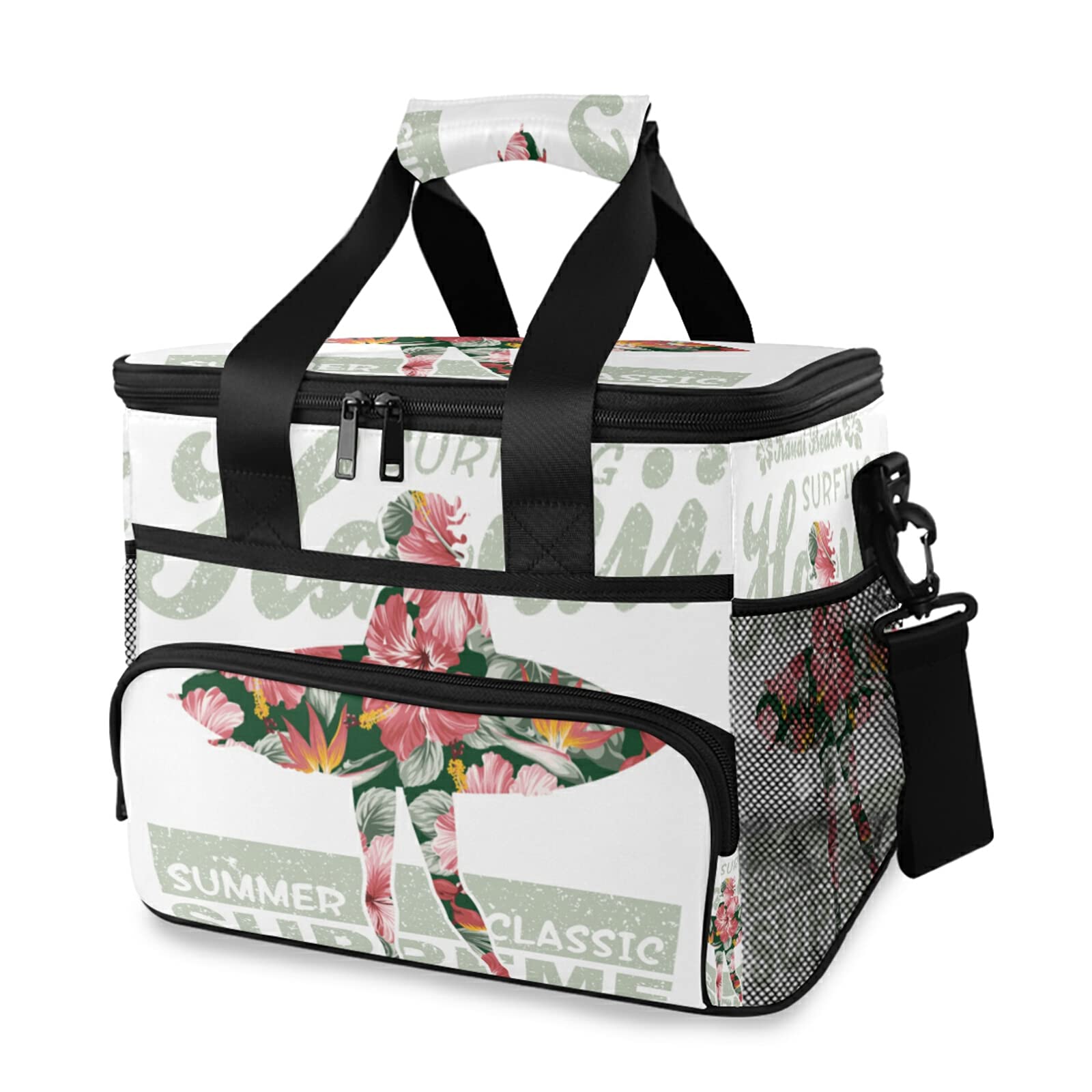 Hawaiian Floral Print Insulated Lunch Cooler Bag with Adjustable Padded Shoulder Strap - Large Capacity Beach Picnic Bag for Women, Perfect for Surfing, Travel, Work & Outdoor Activities