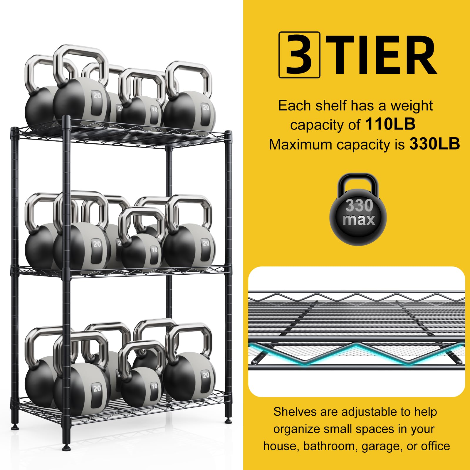 3-Tier Adjustable Metal Wire Shelving Unit - 11.8