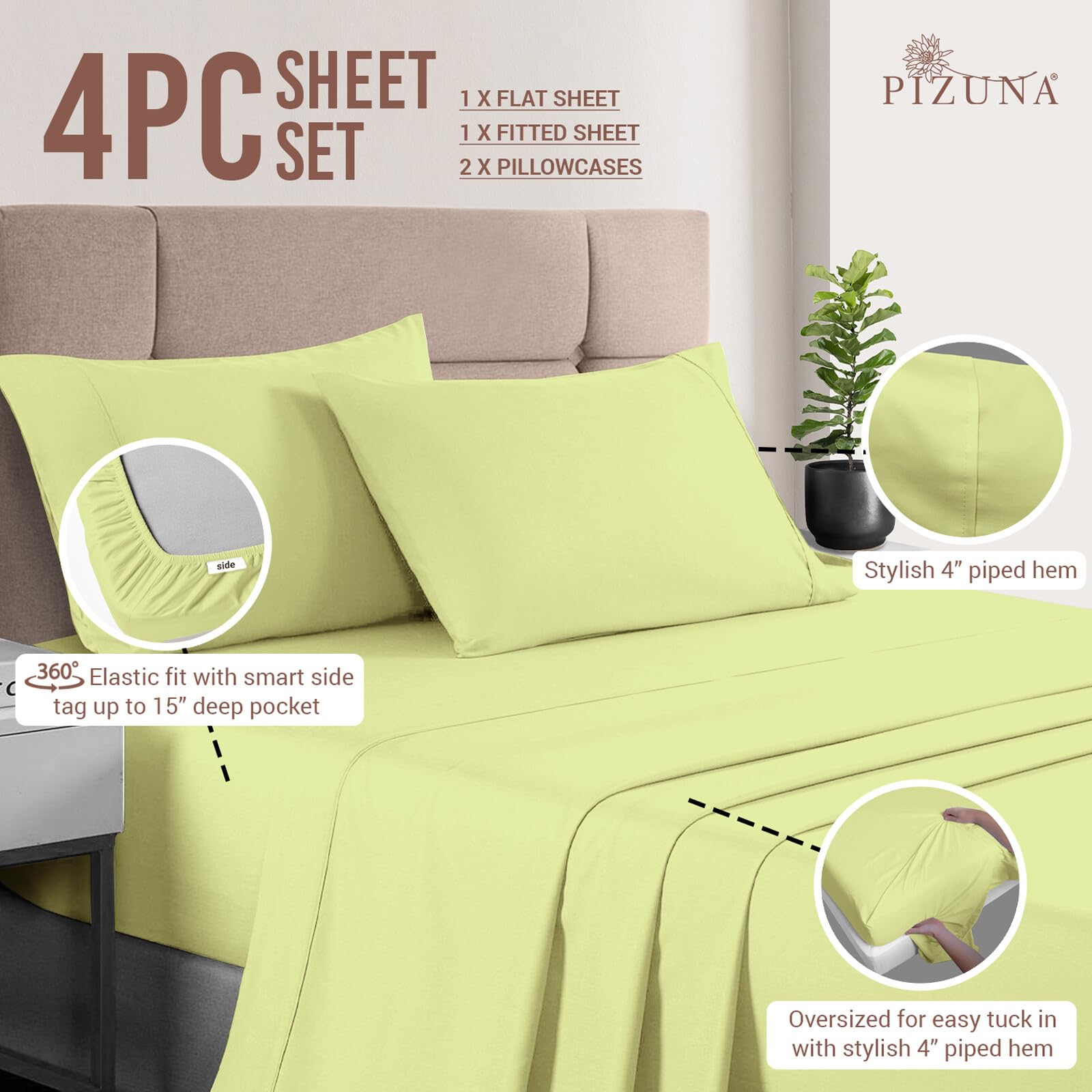 Pizuna Pure 100% Cotton RV King Sheets - 400 Thread Count Luxury Sateen Bedding Set with 15