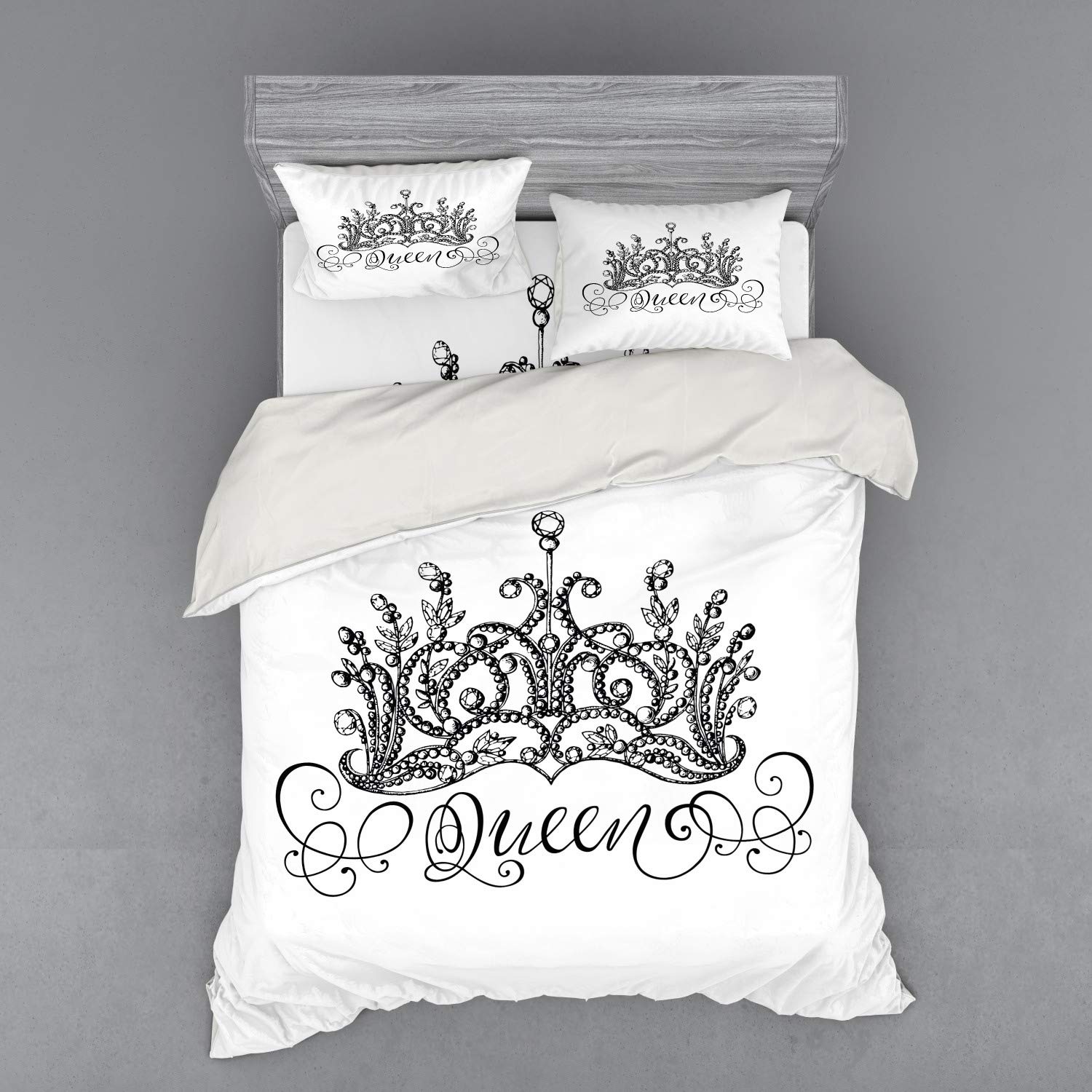 Ambesonne Queen Duvet Cover Set - Hand Drawn Crown & Queen Lettering Baroque Style 4-Piece Bedding with Shams & Fitted Sheet, Black & White - Perfect for Royal-Themed Bedrooms, Luxury Home Decor & Gift Ideas