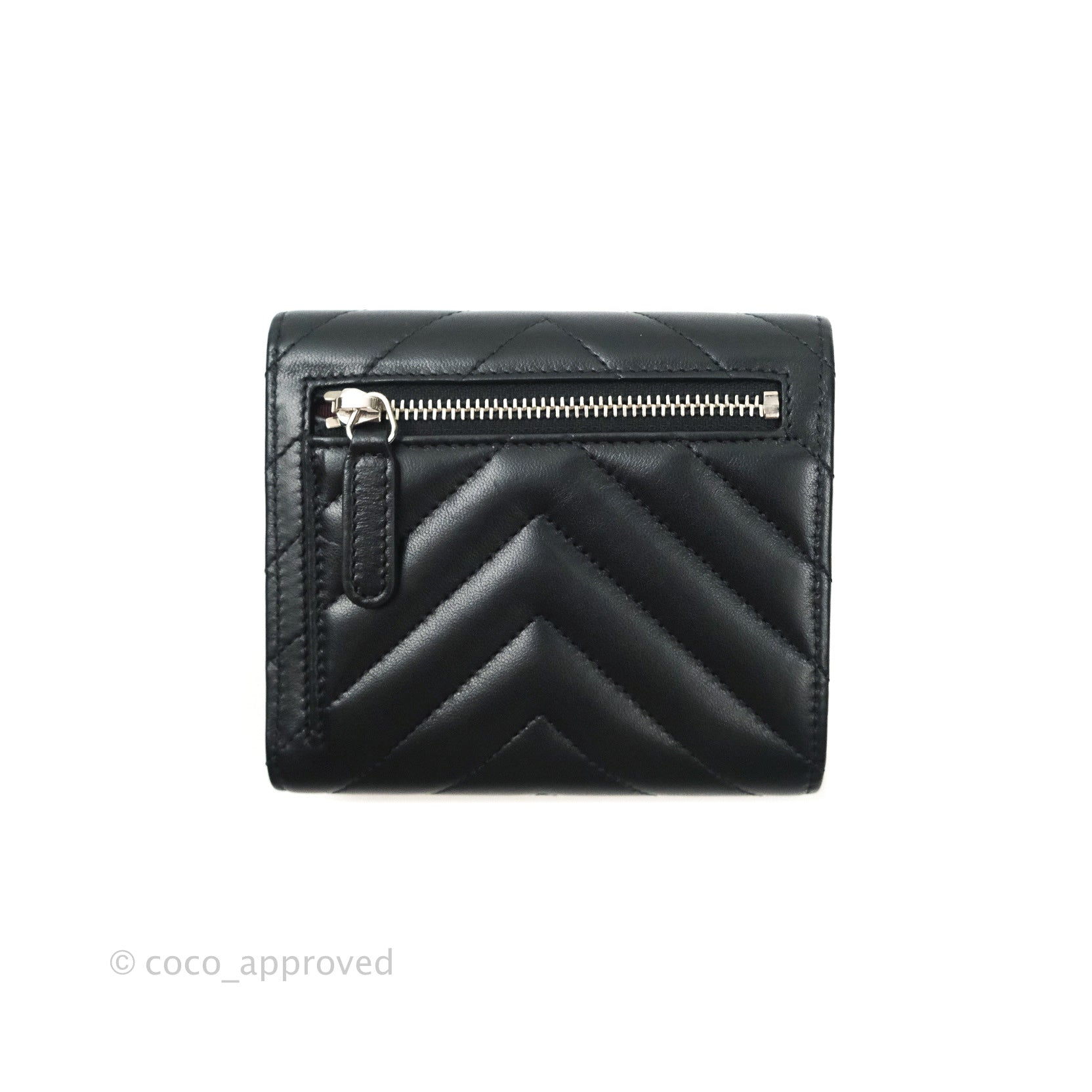 Chanel Chevron Small Compact Wallet - Black Lambskin with Silver Hardware | Luxury Women's Wallet for Everyday Use & Special Occasions