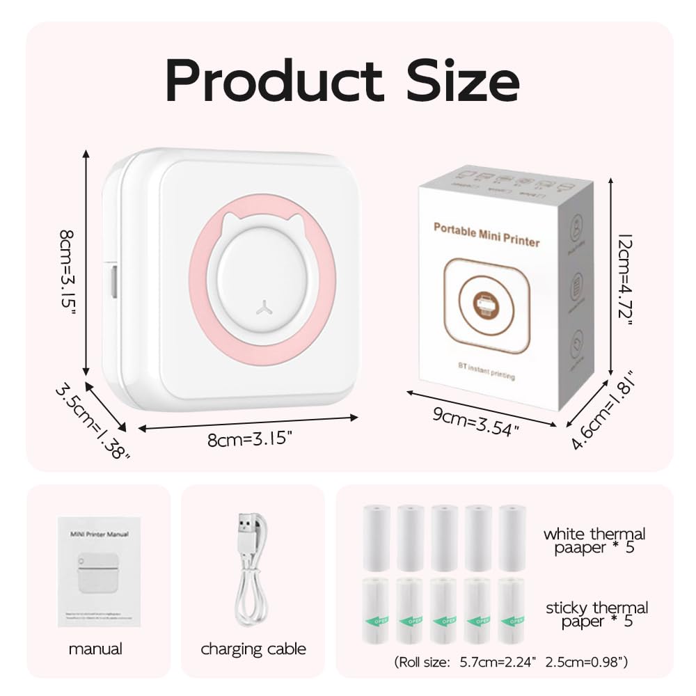 Mini Bluetooth Thermal Sticker Printer - Portable Smart Photo Printer for iPhone, Compatible with Android, Includes 10 Rolls Thermal Paper - Perfect for Journaling, Memos, DIY Crafts & Instant Photo Printing