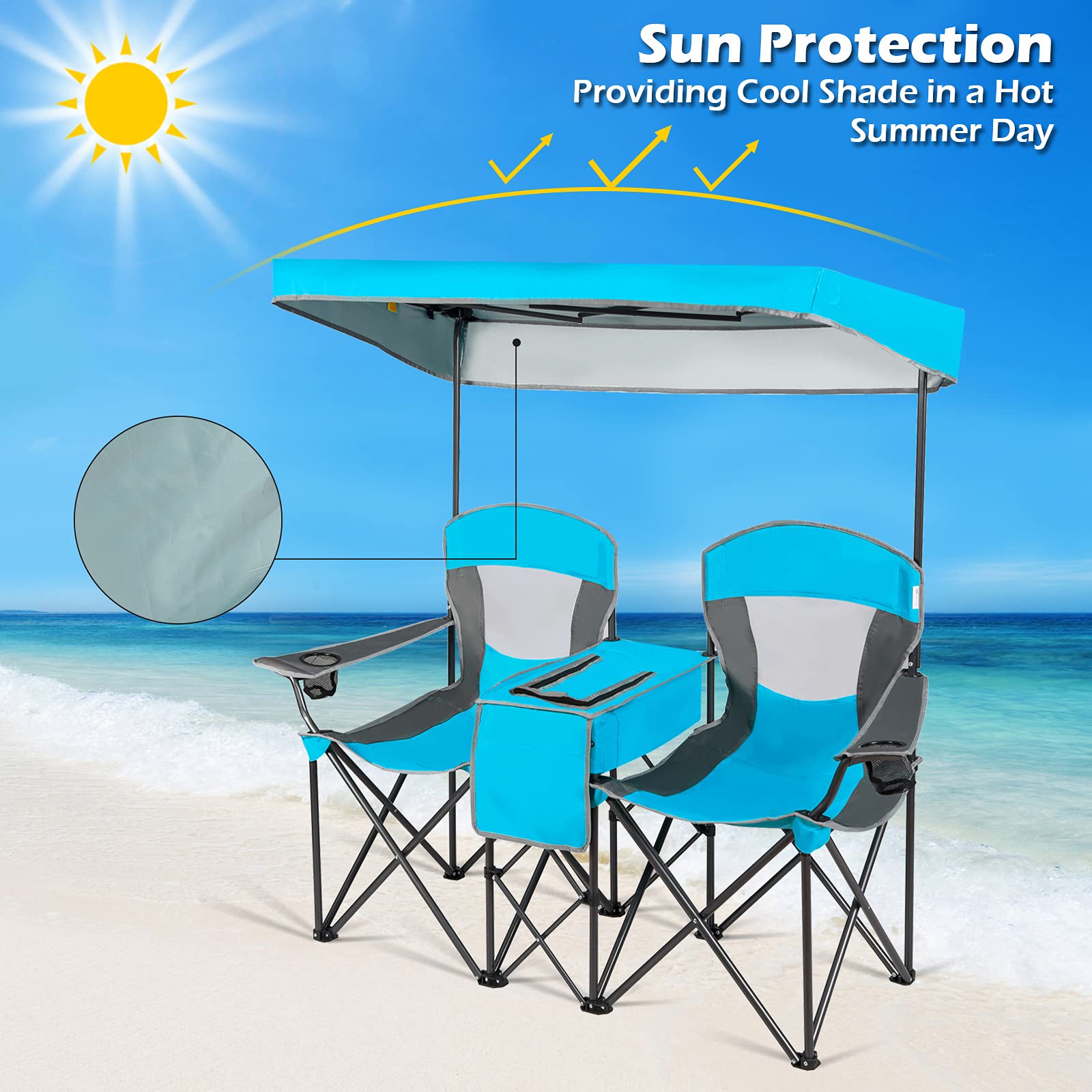Goplus Double Beach Chair with Canopy Shade - Portable Folding Lawn & Camping Chair with Sunshade, Mini Table, Beverage Holder & Carrying Bag - Perfect for Outdoor Travel, Hiking, Fishing, Poolside Relaxation (Blue)