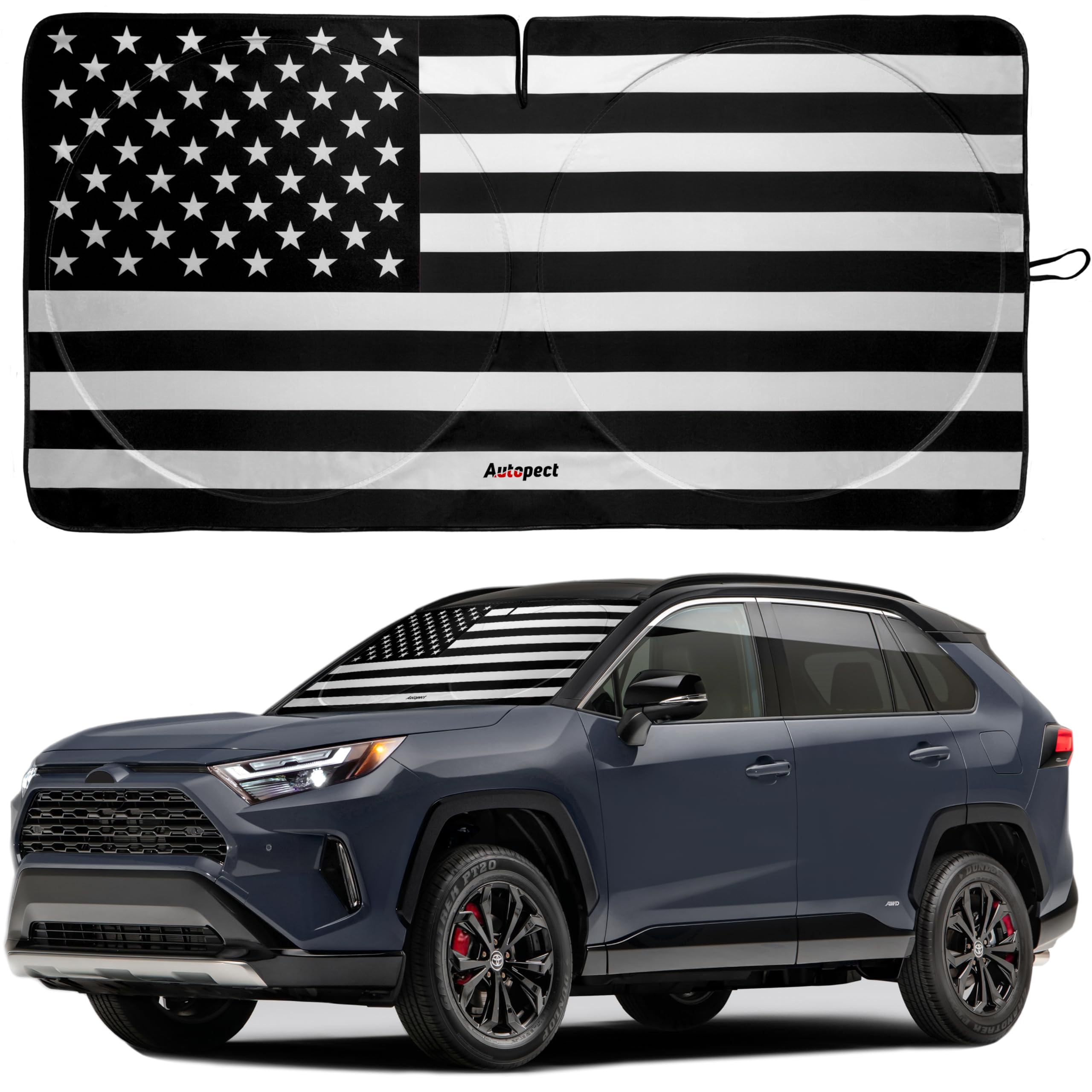 American Flag Car Windshield Sun Shade - High-Resolution UV Protection Sun Visor for Cars, Trucks & SUVs | Foldable Auto Sunshade with Mirror Cut-Out | Medium Size Black & White Design | Perfect for Road Trips, Parking & Interior Protection