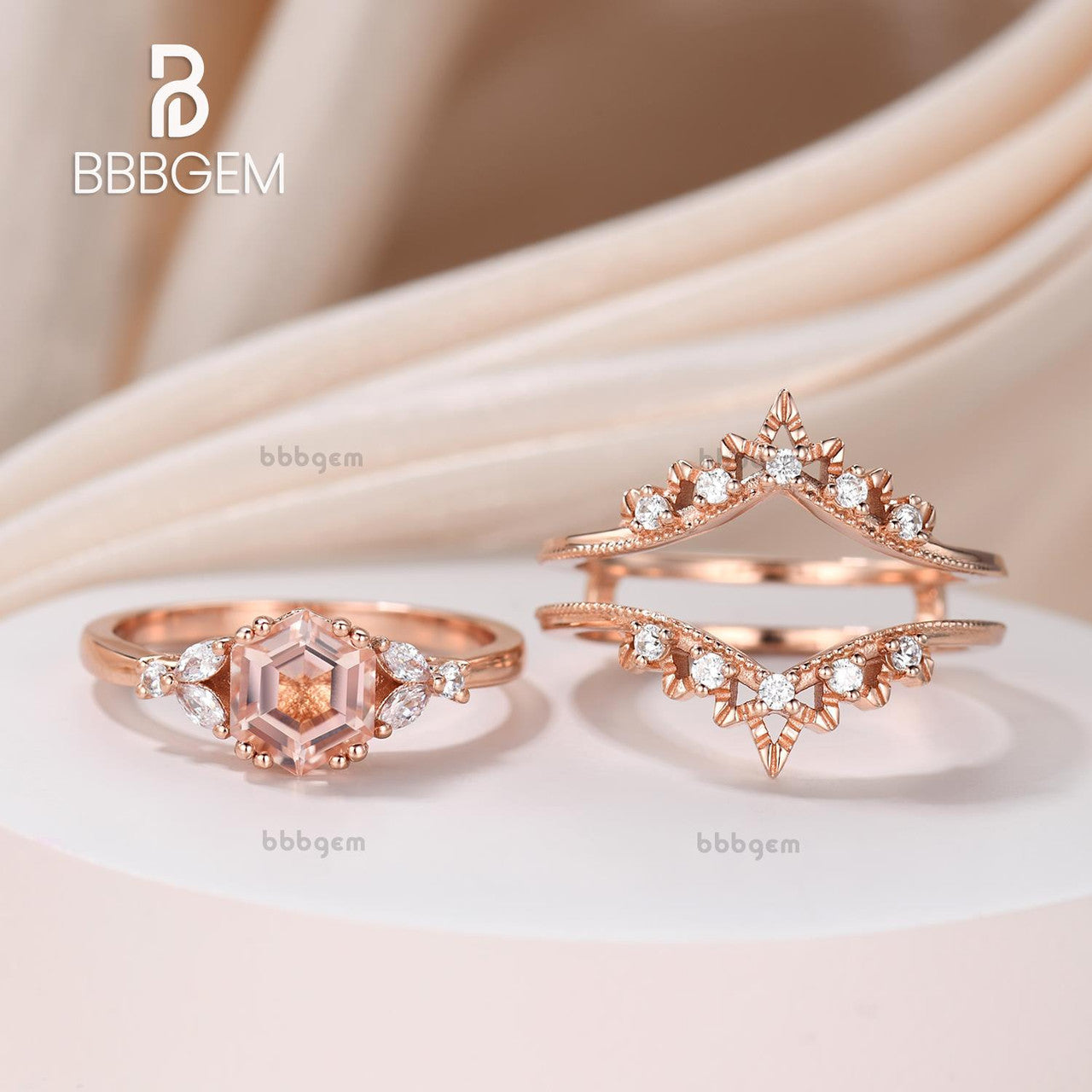 Vintage Natural Morganite Hexagon Ring Set with Diamond Accents & Open Milgrain Enhancer Band in Rose Gold - Perfect for Engagement, Wedding, Anniversary & Special Occasions