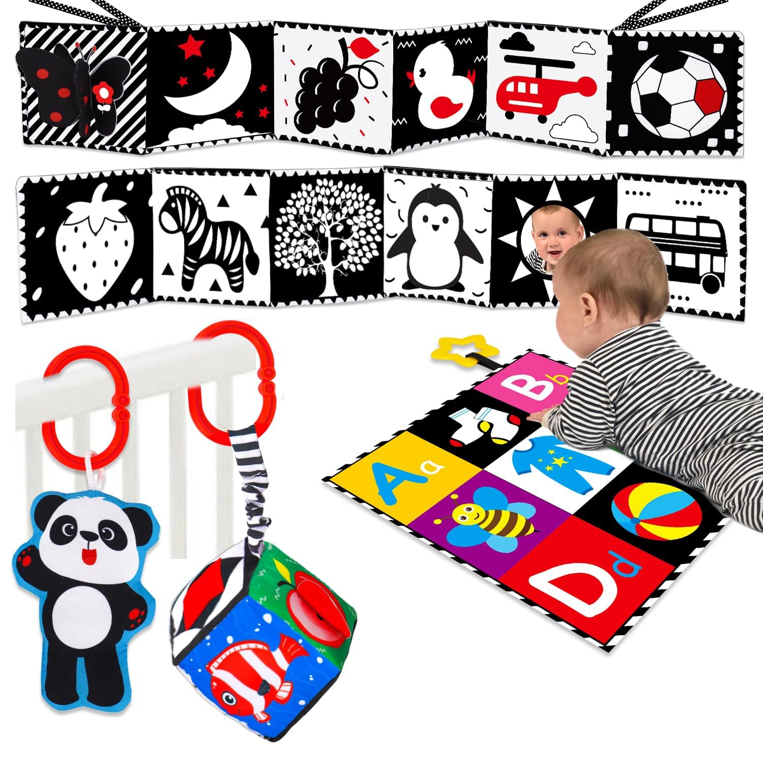 High Contrast Baby Toys 0-6 Months - 4Pcs Montessori Sensory Soft Book with Mirror for Newborns | Black & White Infant Toys for Early Education & Tummy Time | Perfect Baby Shower Gift for Brain Development