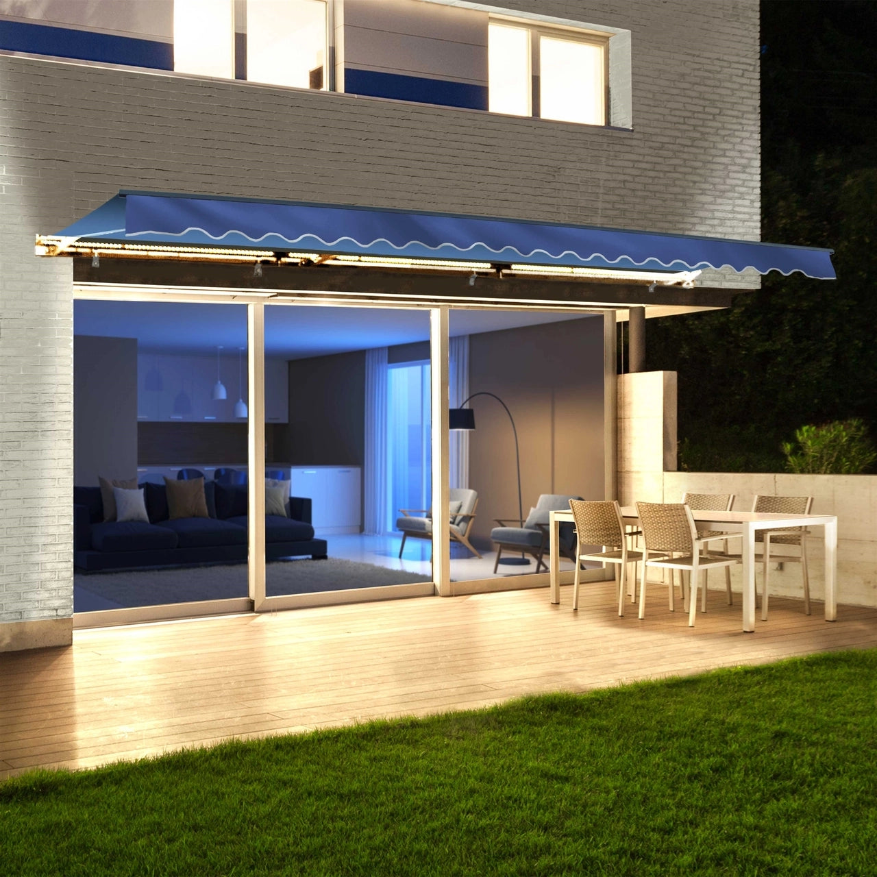 ALEKO 10x8 Feet Half Cassette Motorized Retractable LED Patio Awning - Blue Luxury Outdoor Shade Canopy for Deck, Garden & Backyard Relaxation