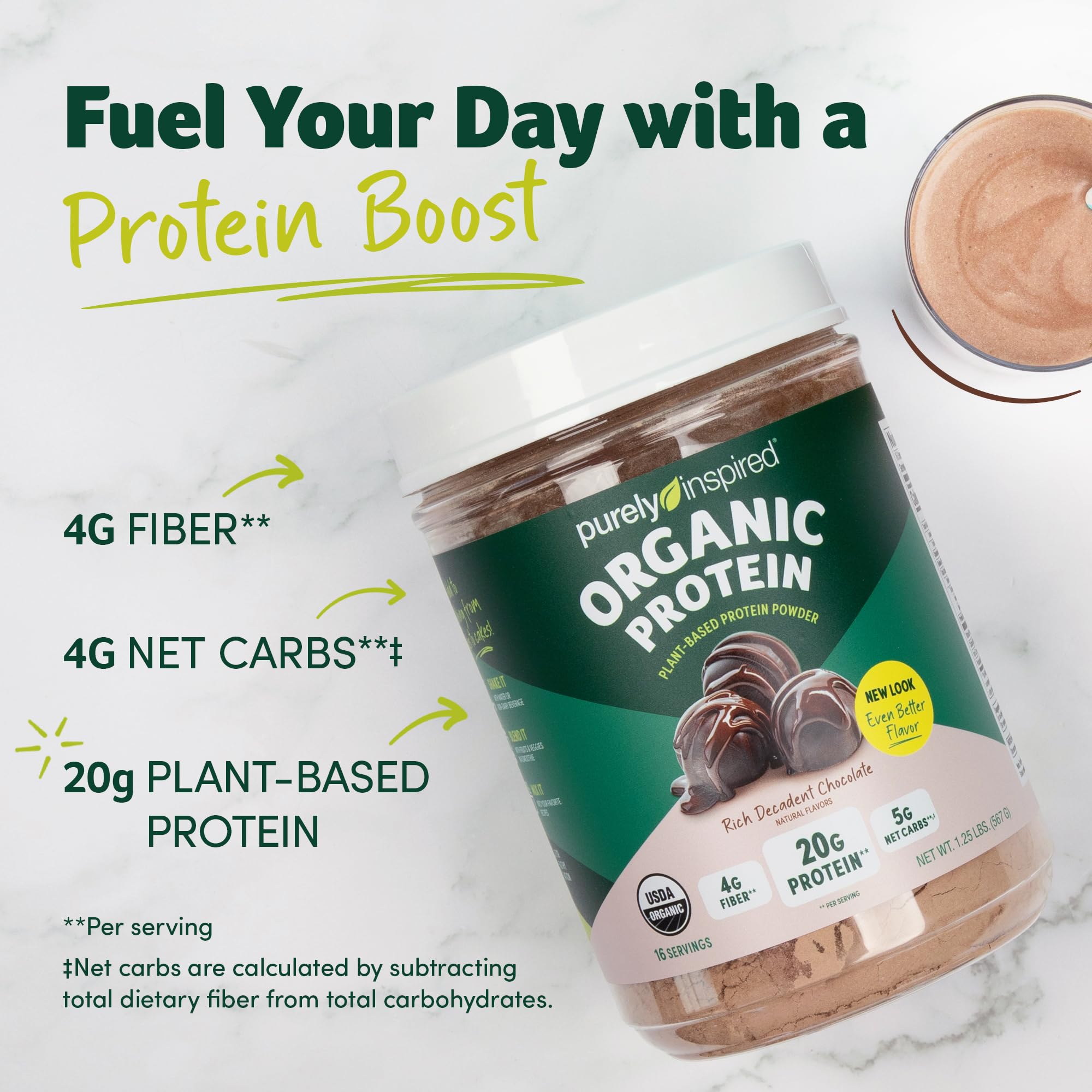 Purely Inspired Organic Vegan Plant-Based Protein Powder for Men & Women - Rich Decadent Chocolate Flavor (16 Servings, 20g Pea Protein) - Dairy-Free, Gluten-Free Protein Powder for Smoothies, Shakes & Post-Workout Recovery - Perfect for Fitness Enthusiasts & Healthy Lifestyle