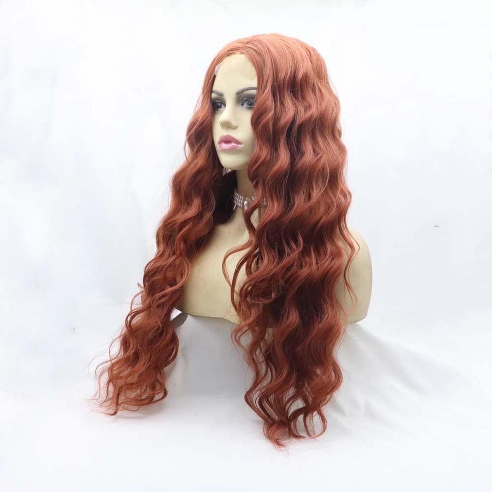 350# Color Copper Red Synthetic Lace Front Wig for Women - Heat Resistant Brown Red Loose Wave Human Hair Wig with 1x4 Lace, Middle Part, 24 Inch - Perfect for Cosplay, Halloween, Daily Wear & Special Occasions