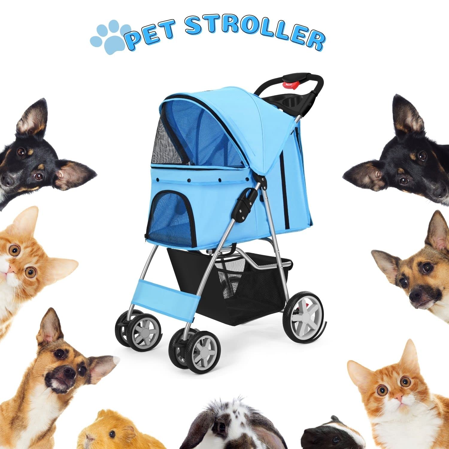 Premium Pet Stroller for Dogs & Cats - 4-Wheel Folding Carrier for Small Animals up to 30lbs, Breathable Mesh & Sunshade - Perfect for Jogging, Walking & Travel (Blue) | Ideal for Park Visits, Vet Trips & Outdoor Adventures