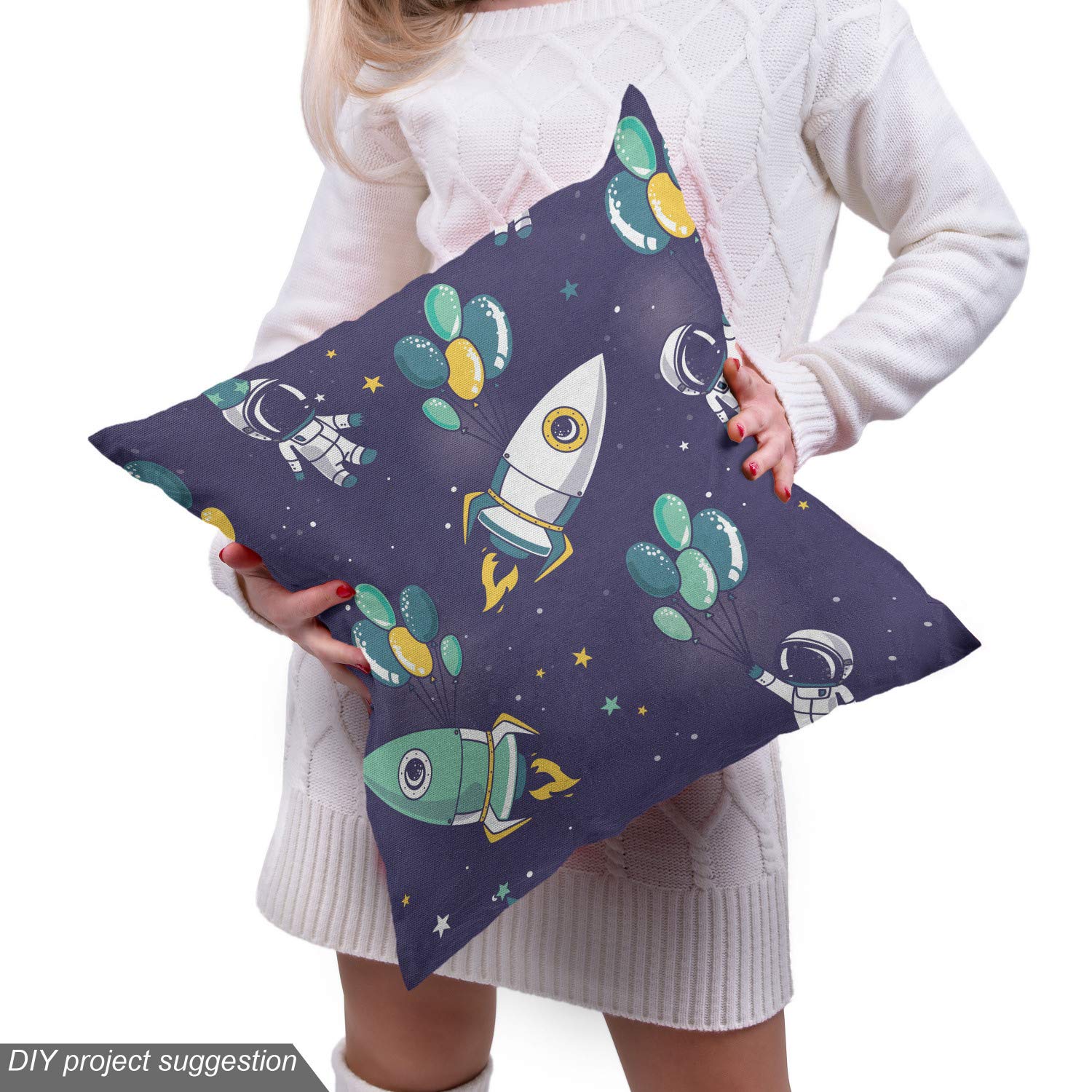 Ambesonne Party Fabric by The Yard - Starry Space with Balloons & Rockets Design | Decorative Upholstery Fabric for Boys Birthday Celebration | 5 Yards Violet Blue Yellow | Perfect for DIY Home Decor, Curtains & Tablecloths