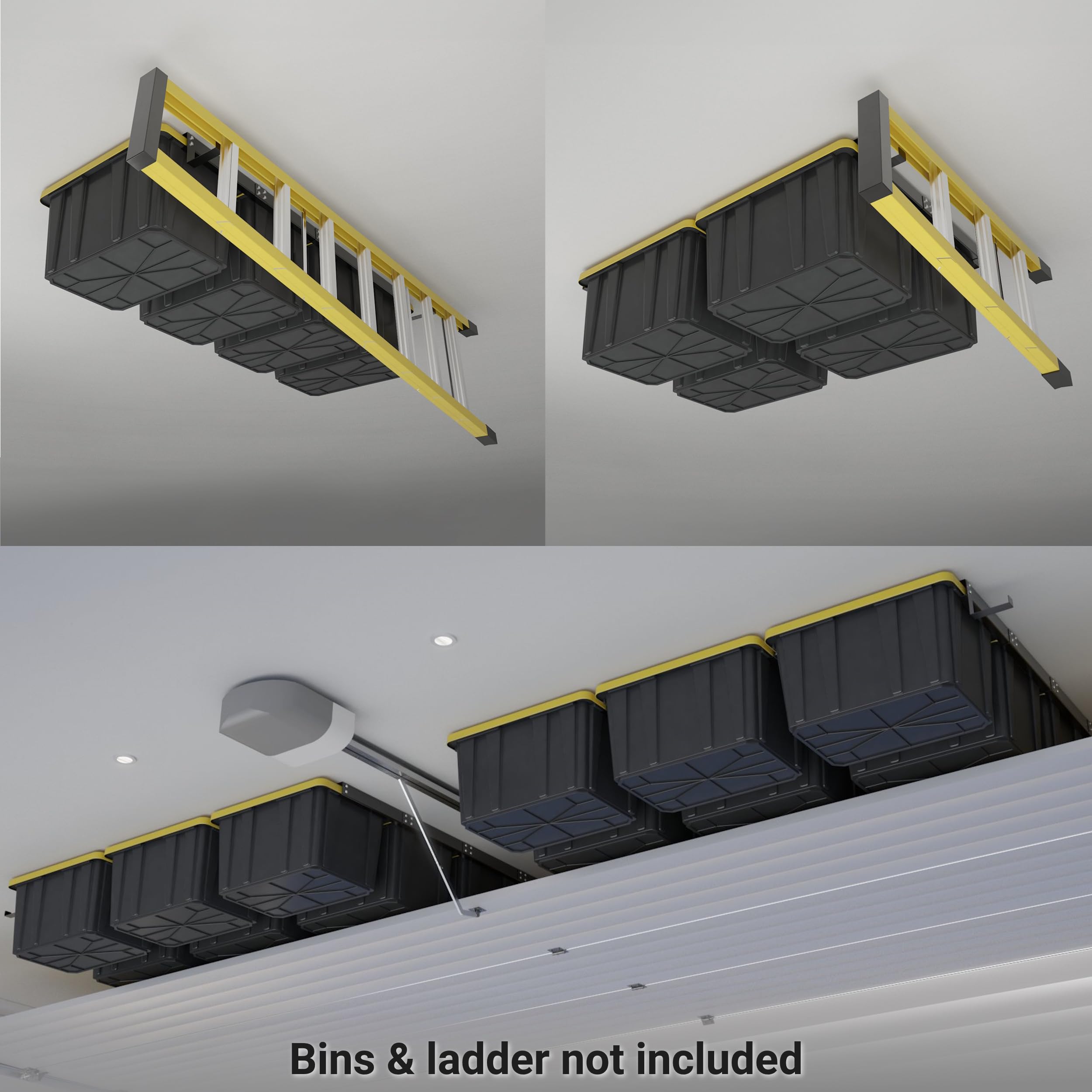Overhead Garage Storage Rack System - Adjustable Ceiling Mounted Organizer with 4 Sets & 2 Hooks - Fits Most Storage Bins & Totes - Perfect for Garage, Basement & Attic Organization