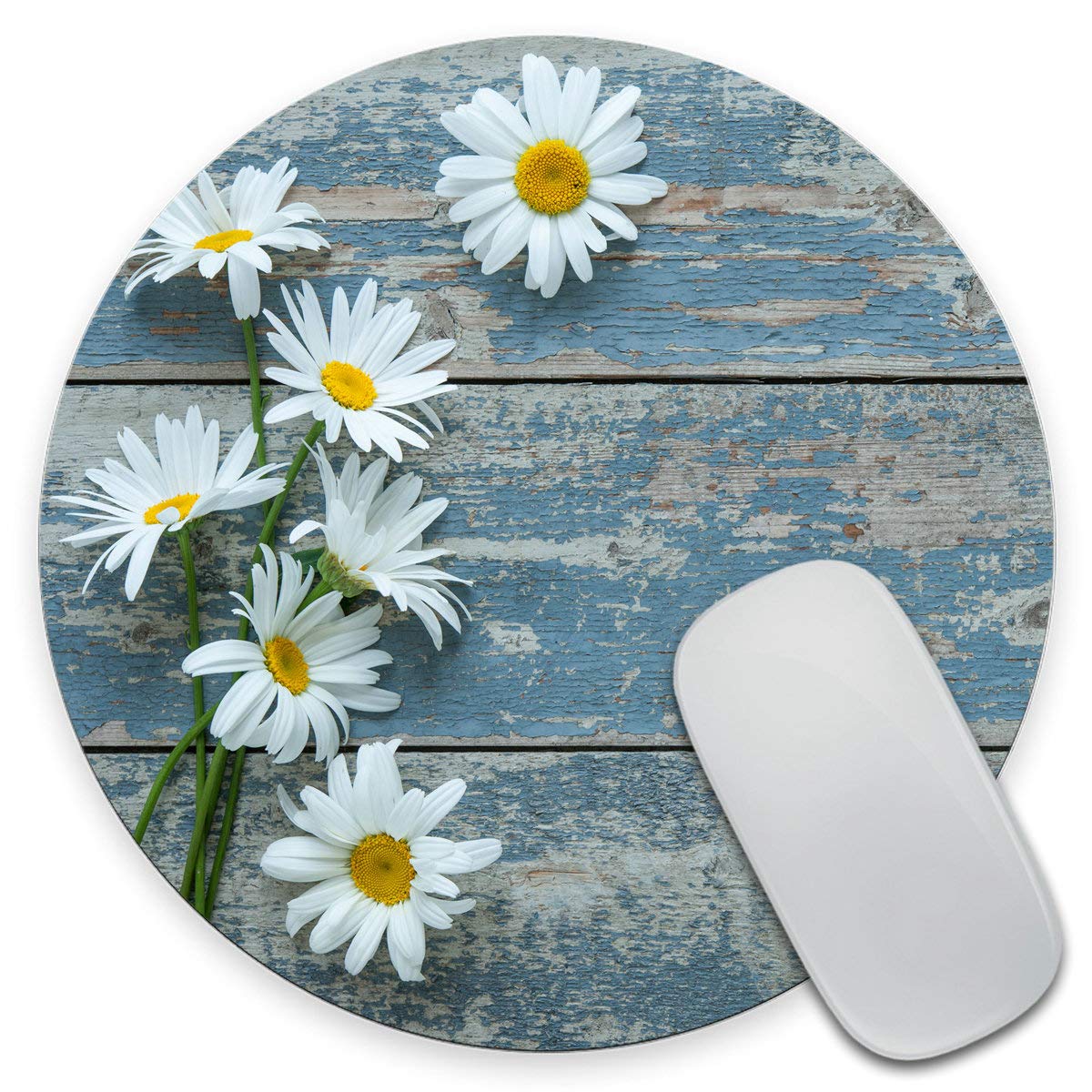 Floral Daisy Round Mouse Pad - Vintage Wooden Office Decor for Women, Cute Desk Accessories with Yellow Flowers, Perfect Gift for Her | Home & Office Computer Workspace, Gaming Setup, Gift for Birthday & Holidays