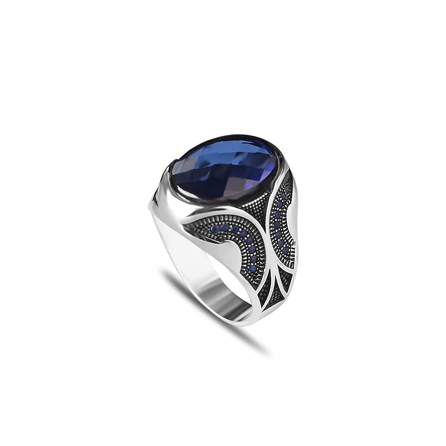 925 Sterling Silver Men's Ring with Genuine Sapphire Gemstone - Handmade Engraved Minimalist Band for Men (Size 14.5) - Perfect Gift for Anniversary, Wedding & Everyday Wear
