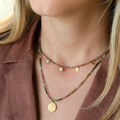 Gemstone Mini Hammered Disc Station Necklace - Dainty Wrap Necklace for Women - Perfect for Layering, Everyday Wear & Gift Giving