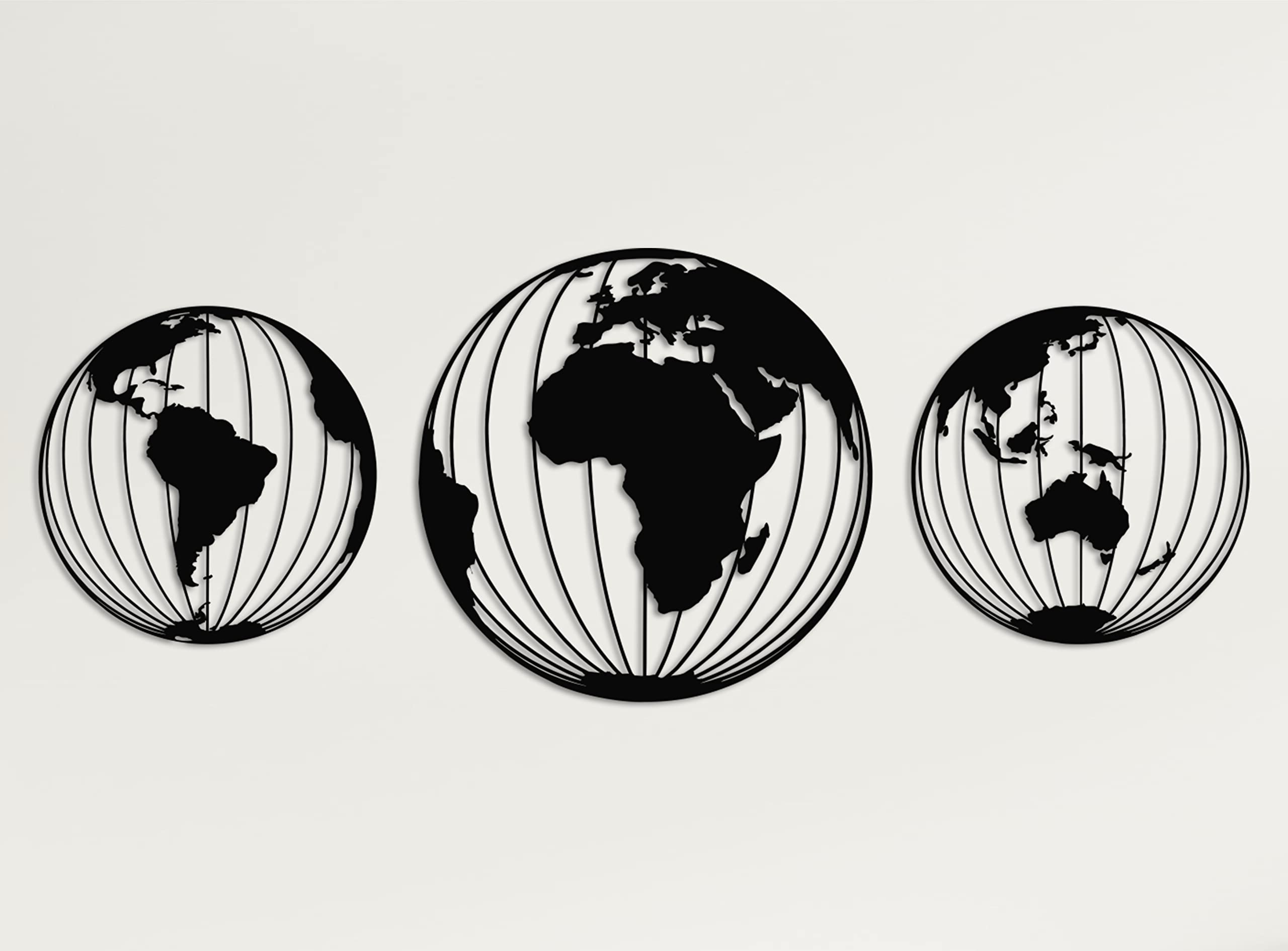 DEKADRON Three Metal World Map Globes - Round Metal World Map Wall Art Decor for Home & Office - Vintage Metal Wall Decor for Living Room, Bedroom, Study - Unique Geographic Wall Art Gift for Travel Lovers